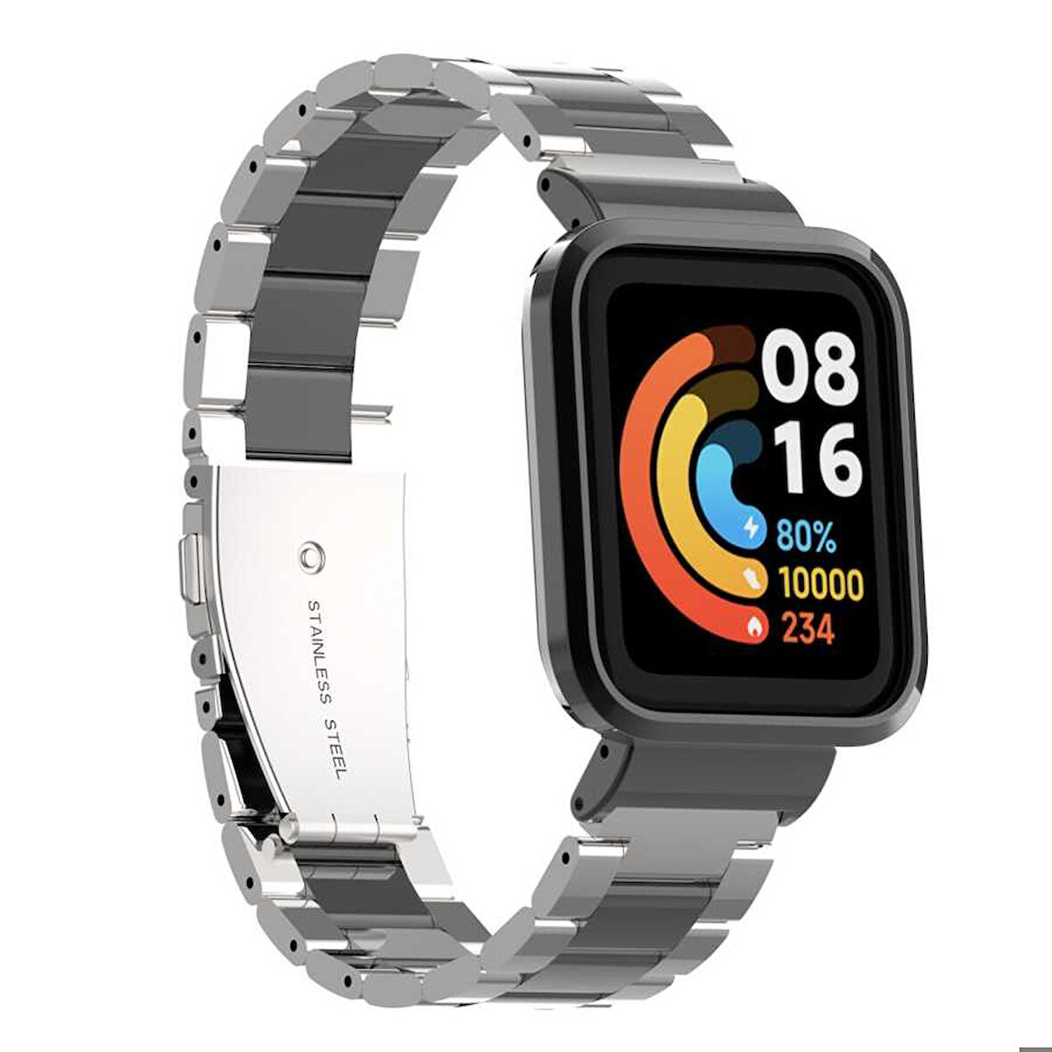 Xiaomi Redmi Watch (Mi Watch Lite) Uyumlu Kordon Paslanmaz Metal Baklalı Klipsli Zore KRD-60 Kayış Gümüş-Siyah
