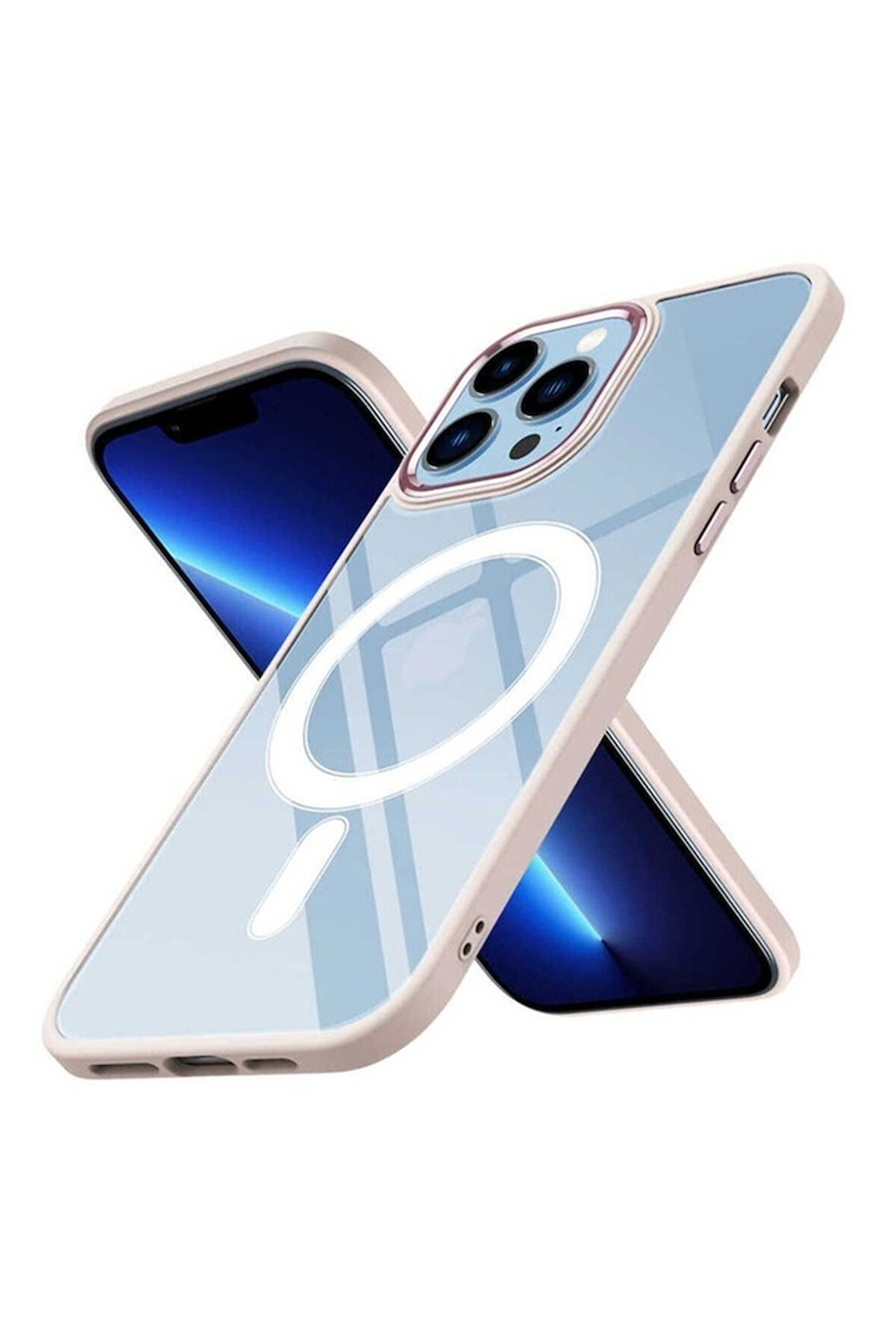 Apple iPhone 12 Pro Uyumlu Kılıf Wireless Şarj Özellikli Zore Krom Magsafe Silikon Kapak Pembe Açık