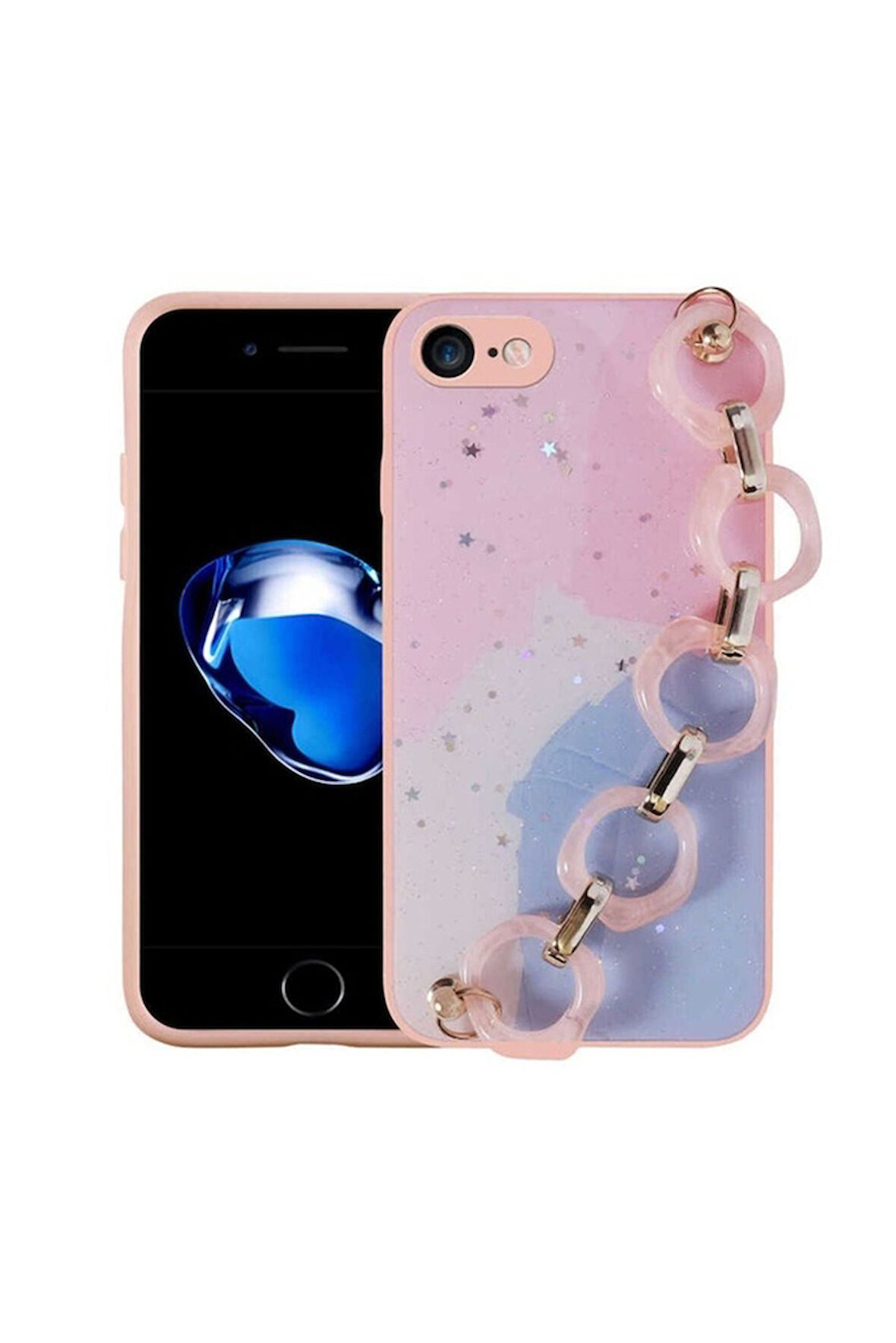 Apple iPhone SE 2022 Uyumlu Kılıf Simli Desenli El Askılı Tutacaklı Zore Elsa Silikon Kapak Pembe
