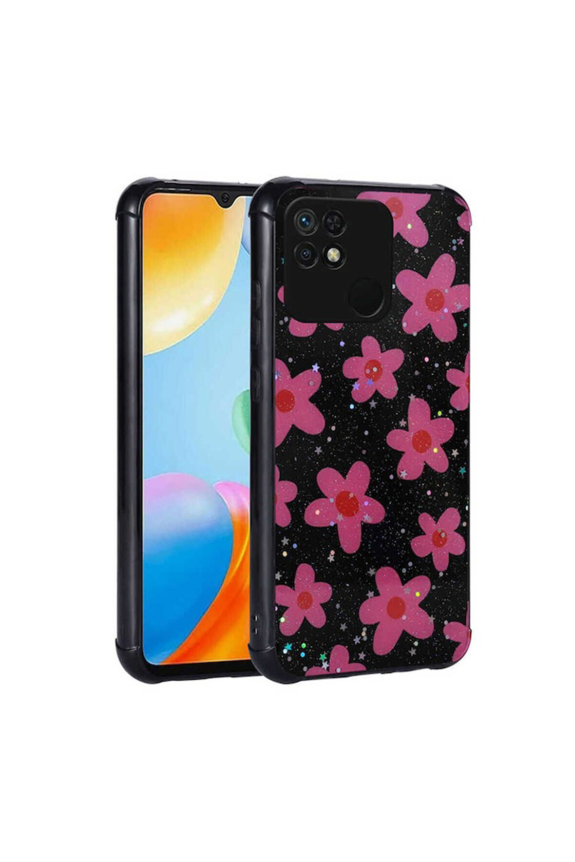 Xiaomi Redmi 10C Uyumlu Kılıf Simli Desenli Kamera Korumalı Parlak Zore Popy Kapak Çiçek