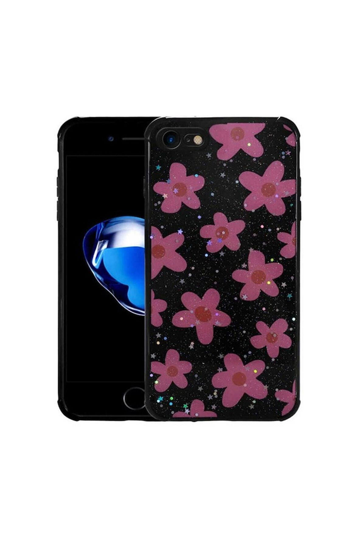 Apple iPhone SE 2022 Uyumlu Kılıf Simli Desenli Kamera Korumalı Parlak Zore Popy Kapak Çiçek