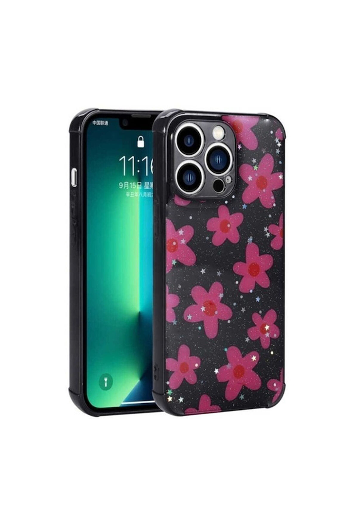 Apple iPhone 12 Pro Uyumlu Kılıf Simli Desenli Kamera Korumalı Parlak Zore Popy Kapak Çiçek