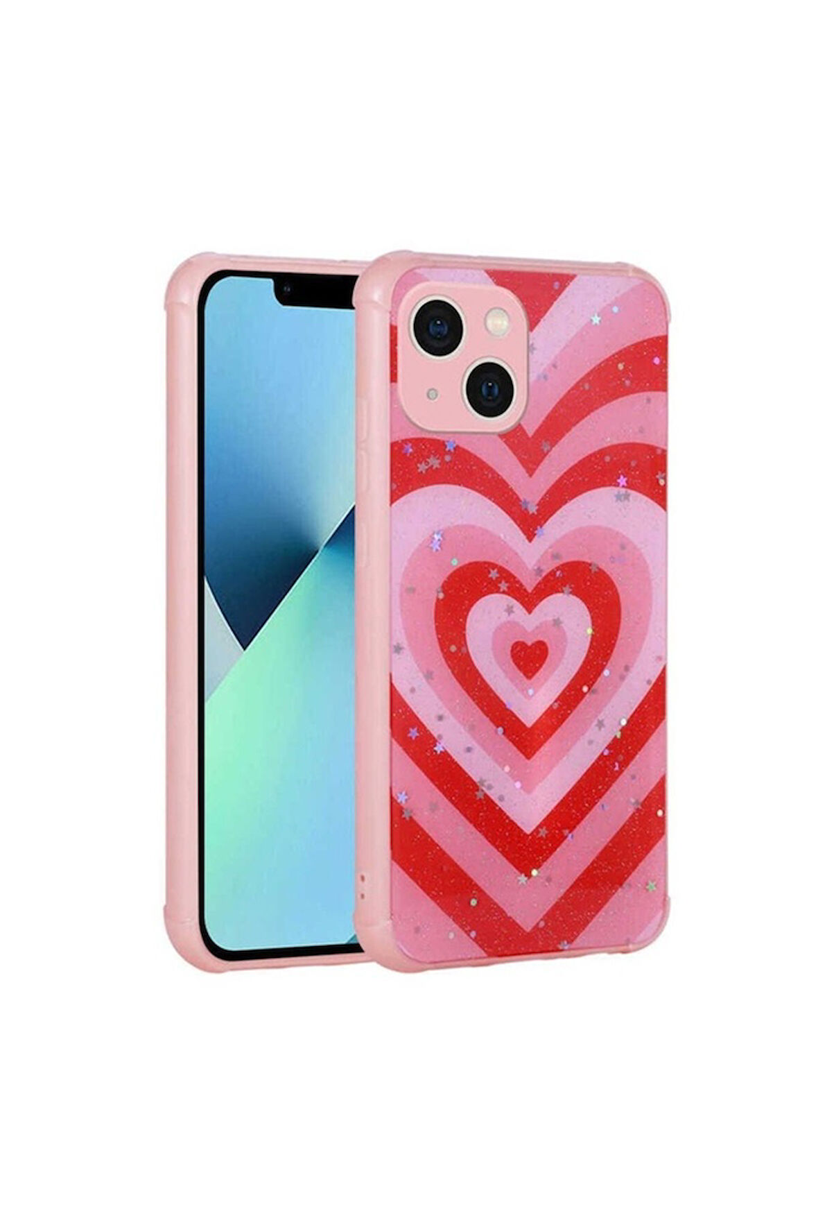 Apple iPhone 13 Uyumlu Kılıf Simli Desenli Kamera Korumalı Parlak Zore Popy Kapak Kalp