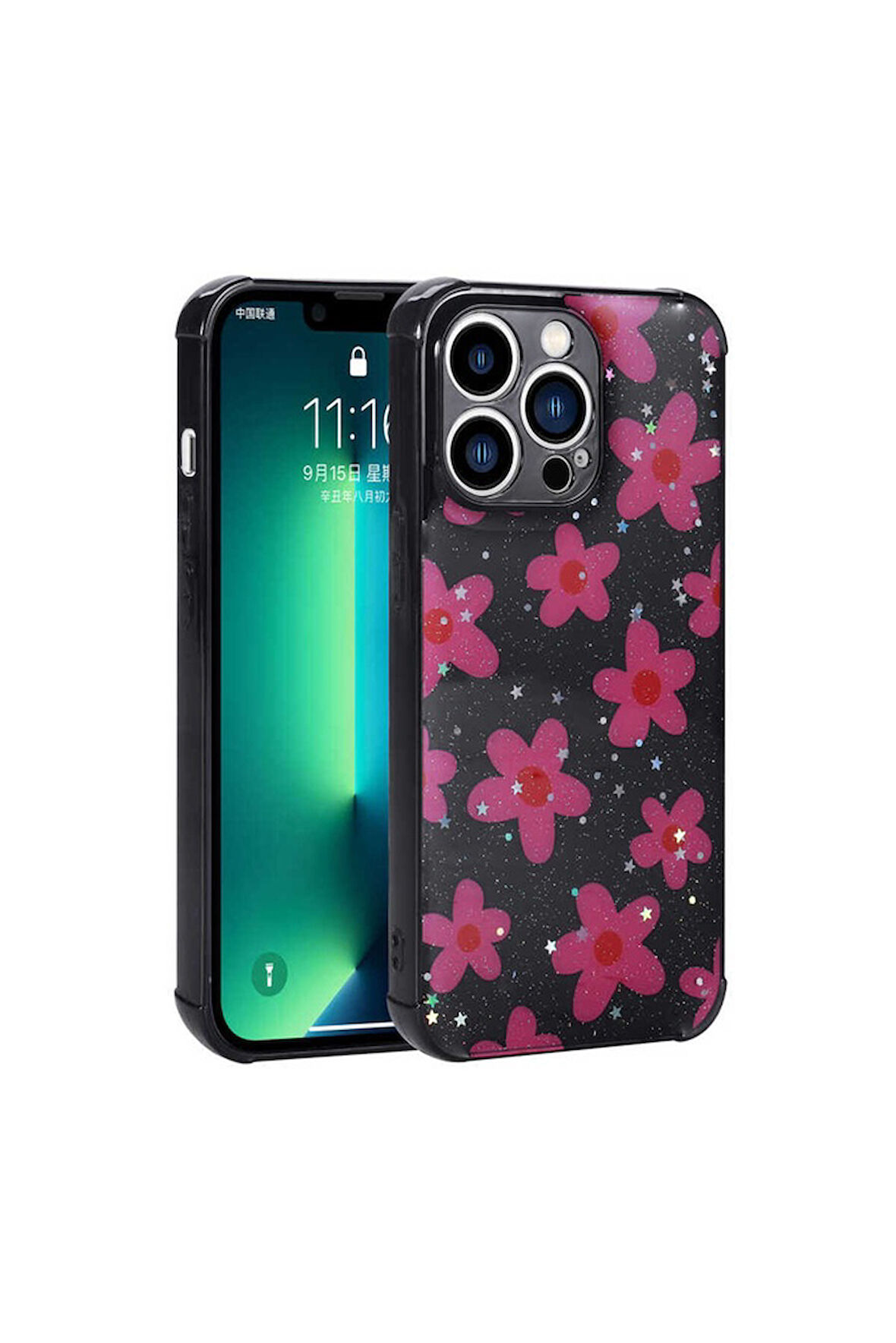 Apple iPhone 13 Pro Uyumlu Kılıf Simli Desenli Kamera Korumalı Parlak Zore Popy Kapak Çiçek