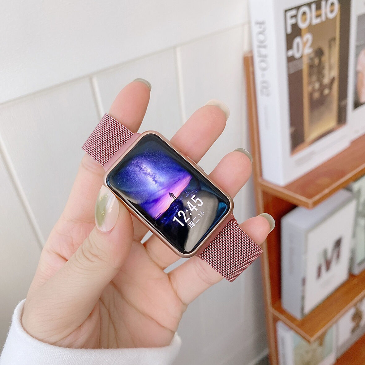 Huawei Watch Fit 2 Uyumlu Kordon Hasır Metal Mıknatıslı Örgü Zore KRD-01 Kayış Pembe
