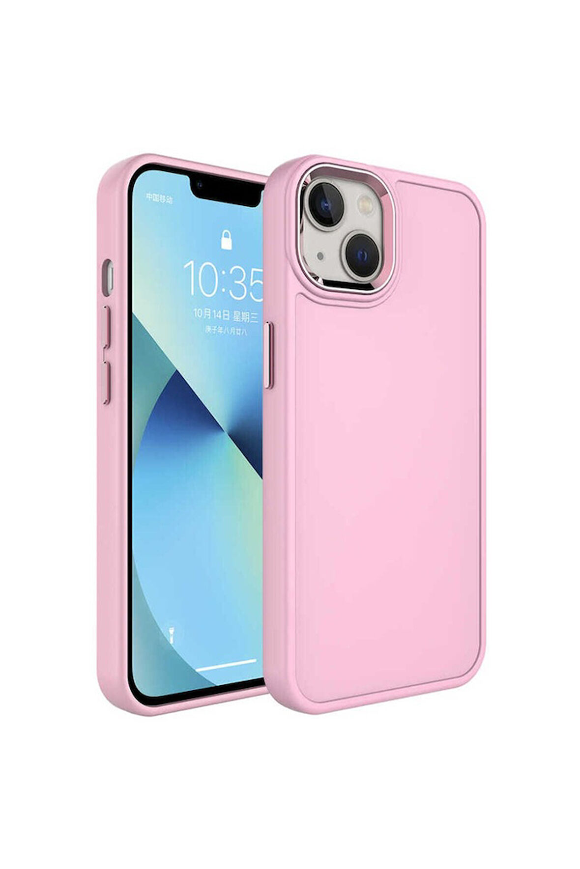 Apple iPhone 14 Uyumlu Kılıf Metal Çerçeve ve Buton Tasarımlı Sert Zore Botox Kapak Pembe Açık