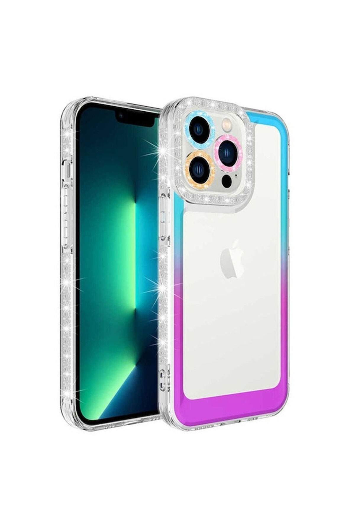Apple iPhone 12 Pro Uyumlu Kılıf Simli ve Renk Geçiş Tasarımlı Lens Korumalı Zore Park Kapak Mavi-Mor
