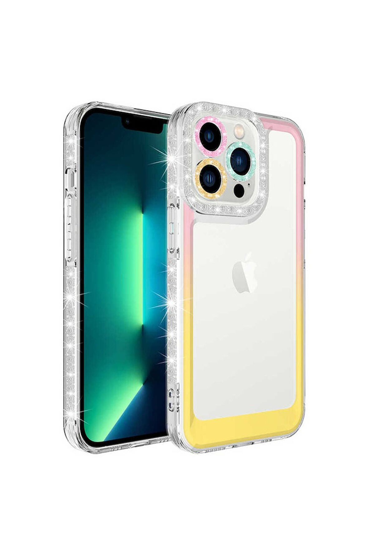 Apple iPhone 12 Pro Max Uyumlu Kılıf Simli ve Renk Geçiş Tasarımlı Lens Korumalı Zore Park Kapak Pembe-Sarı