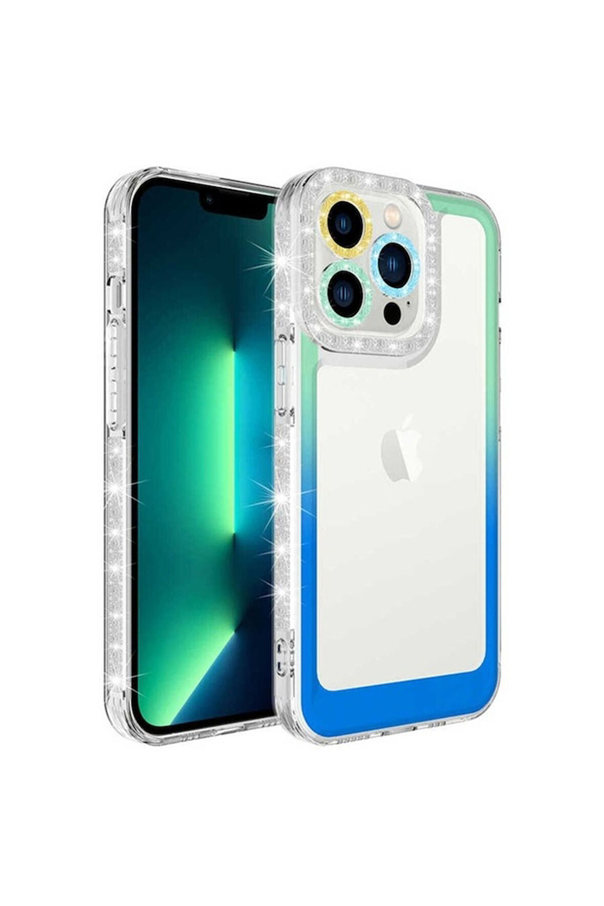 Apple iPhone 13 Pro Max Uyumlu Kılıf Simli ve Renk Geçiş Tasarımlı Lens Korumalı Zore Park Kapak Yeşil-Mavi