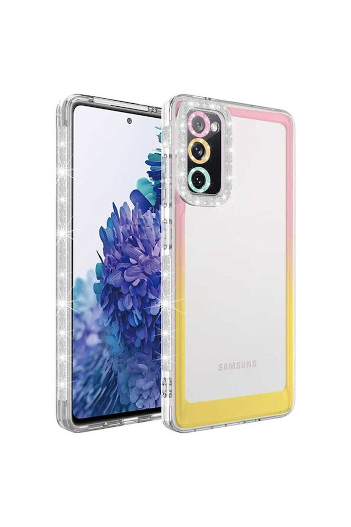 Samsung Galaxy S20 FE Uyumlu Kılıf Simli ve Renk Geçiş Tasarımlı Lens Korumalı Zore Park Kapak Pembe-Sarı