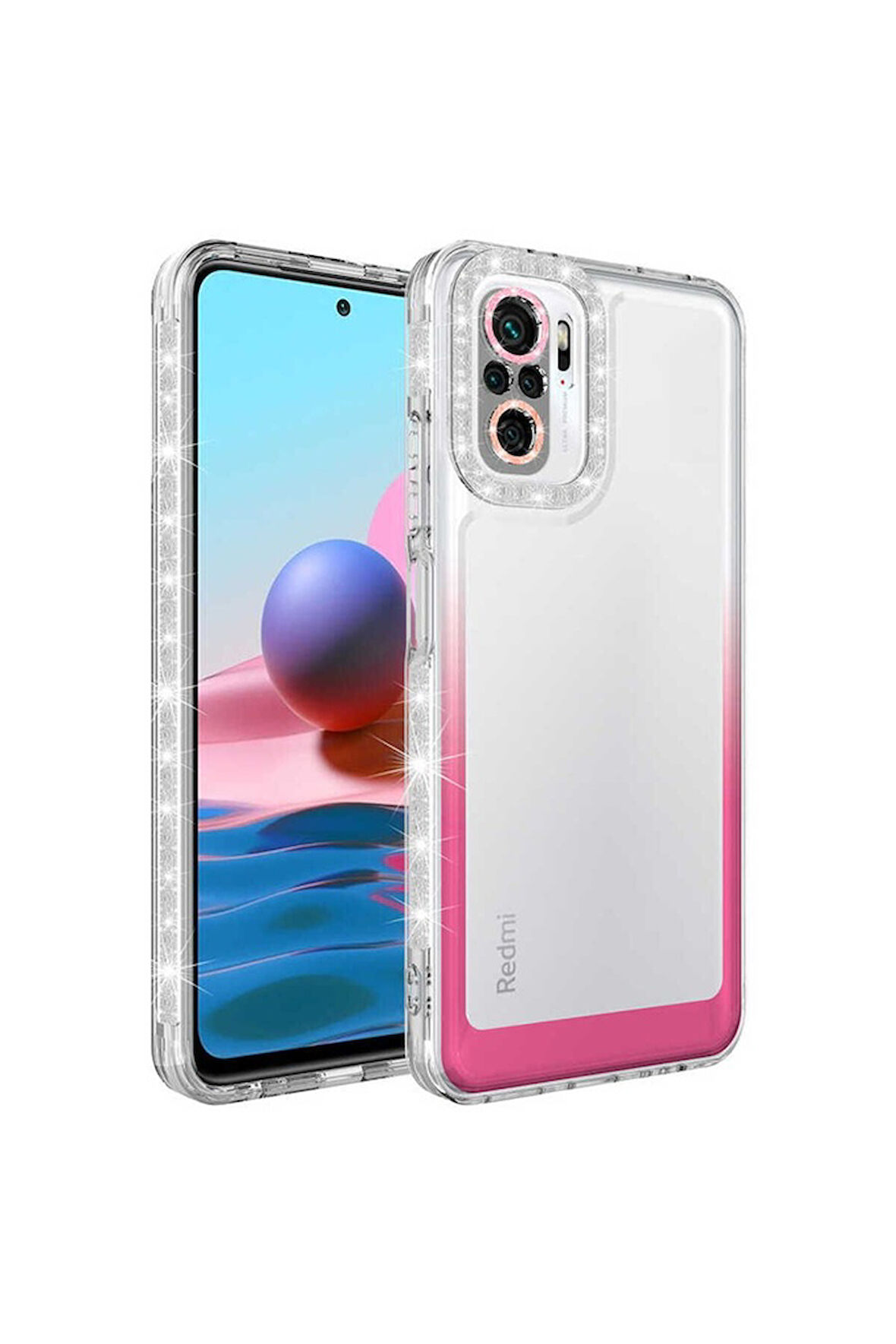 Xiaomi Redmi Note 10S Uyumlu Kılıf Simli ve Renk Geçiş Tasarımlı Lens Korumalı Zore Park Kapak Beyaz-Pembe