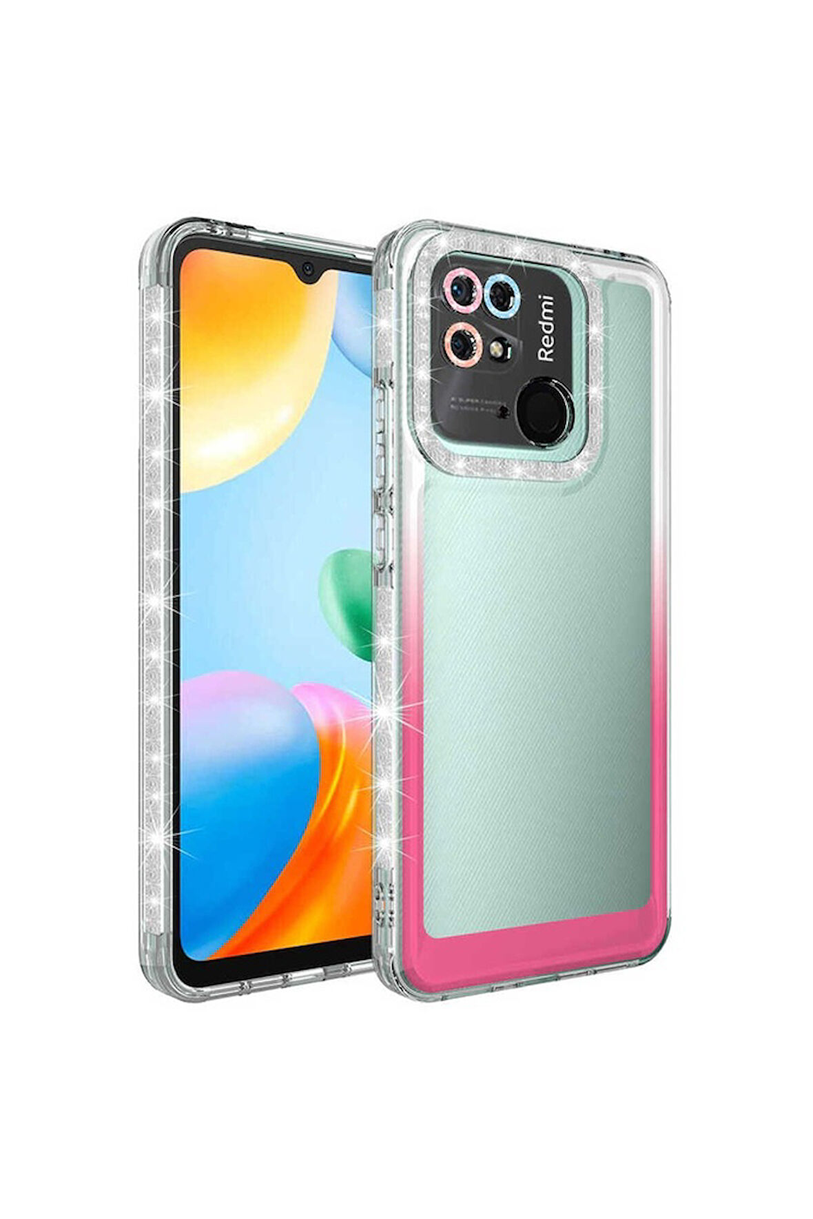 Xiaomi Redmi 10C Uyumlu Kılıf Simli ve Renk Geçiş Tasarımlı Lens Korumalı Zore Park Kapak Beyaz-Pembe