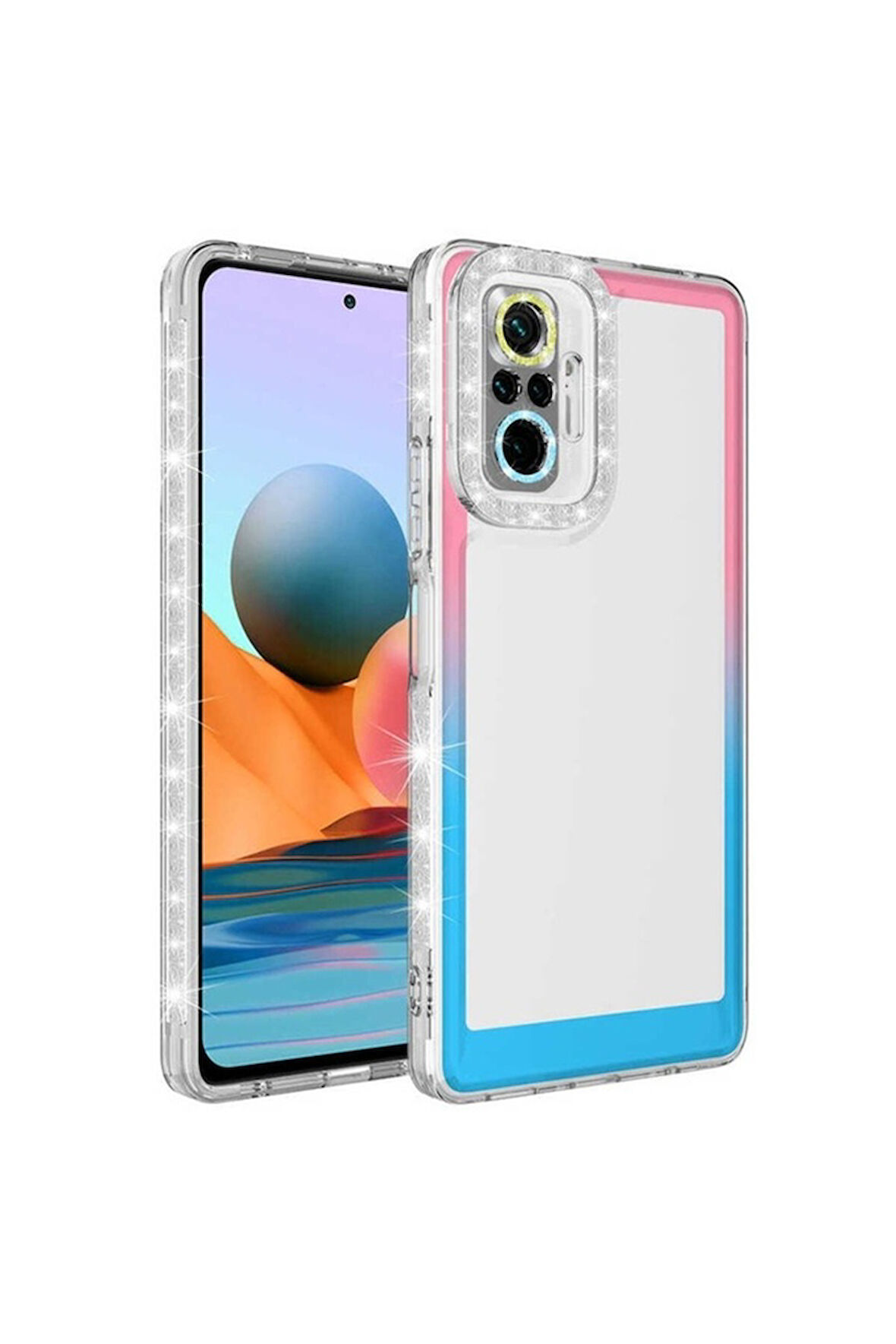 Xiaomi Redmi Note 10 Pro Uyumlu Kılıf Simli ve Renk Geçiş Tasarımlı Lens Korumalı Zore Park Kapak Pembe-Mavi