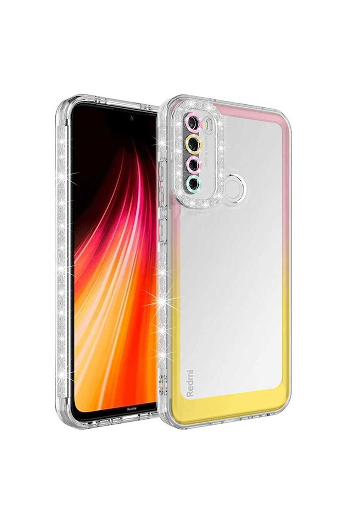 Xiaomi Redmi Note 8 Uyumlu Kılıf Simli ve Renk Geçiş Tasarımlı Lens Korumalı Zore Park Kapak Pembe-Sarı