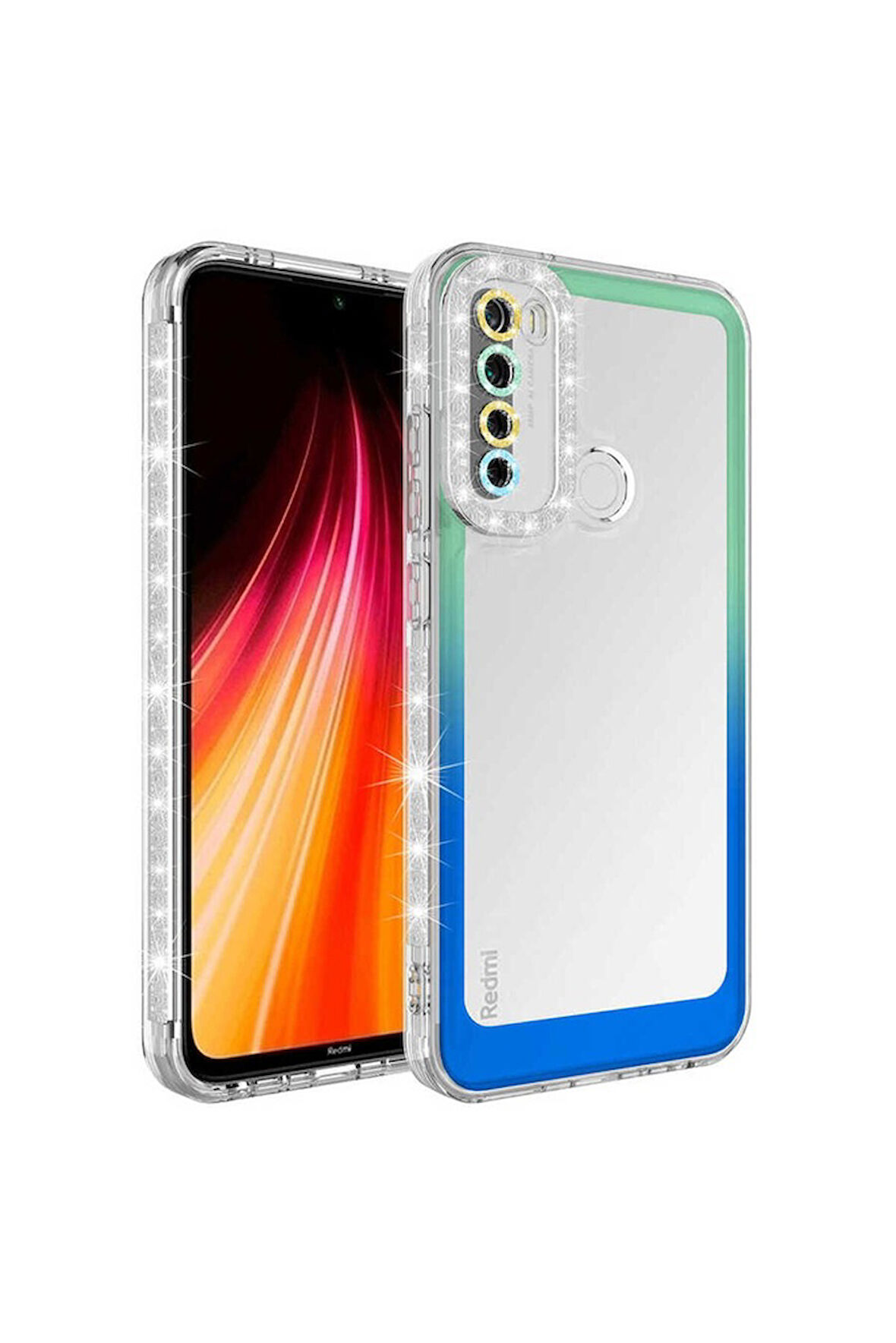 Xiaomi Redmi Note 8 Uyumlu Kılıf Simli ve Renk Geçiş Tasarımlı Lens Korumalı Zore Park Kapak Yeşil-Mavi