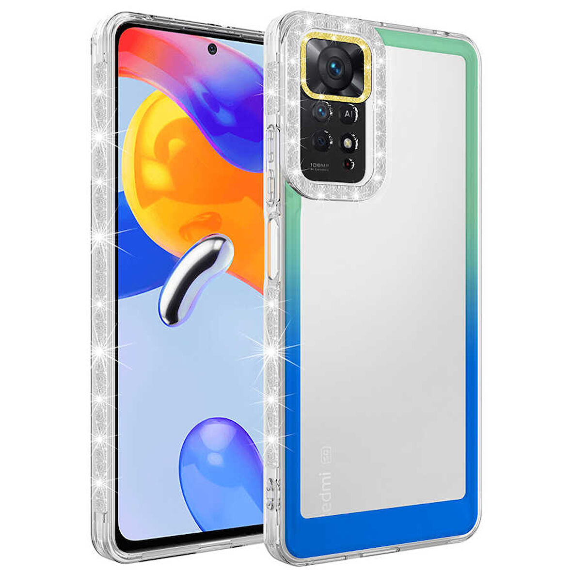 Xiaomi Redmi Note 11S Global Uyumlu Kılıf Simli ve Renk Geçiş Tasarımlı Lens Korumalı Zore Park Kapak Yeşil-Mavi