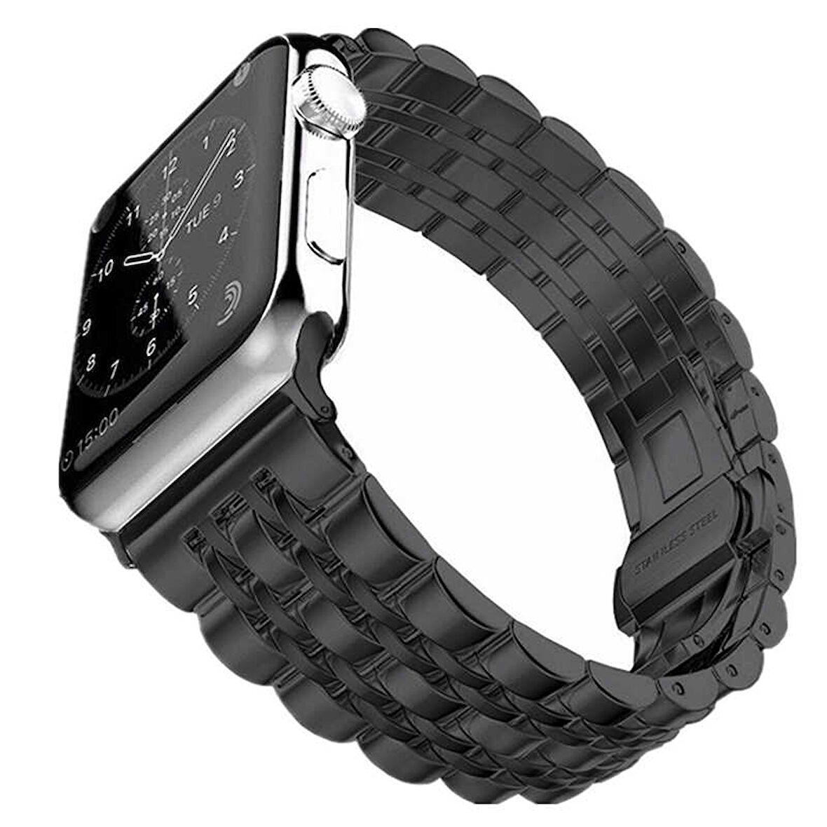 Apple Watch Ultra 49mm Uyumlu Kordon Metal Şerit Tasarımlı Luxury Paslanmaz KRD-14 Kayış Siyah