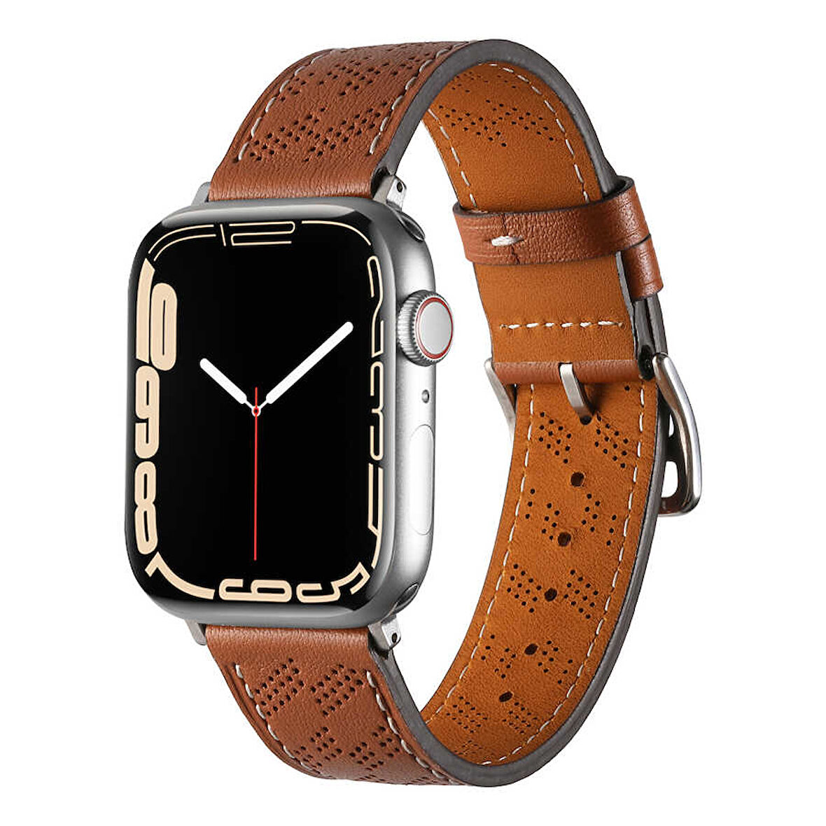Apple Watch 44mm Uyumlu Kordon Deri Şık Tasarımlı Luxury Strap KRD-76 Kayış Kahverengi