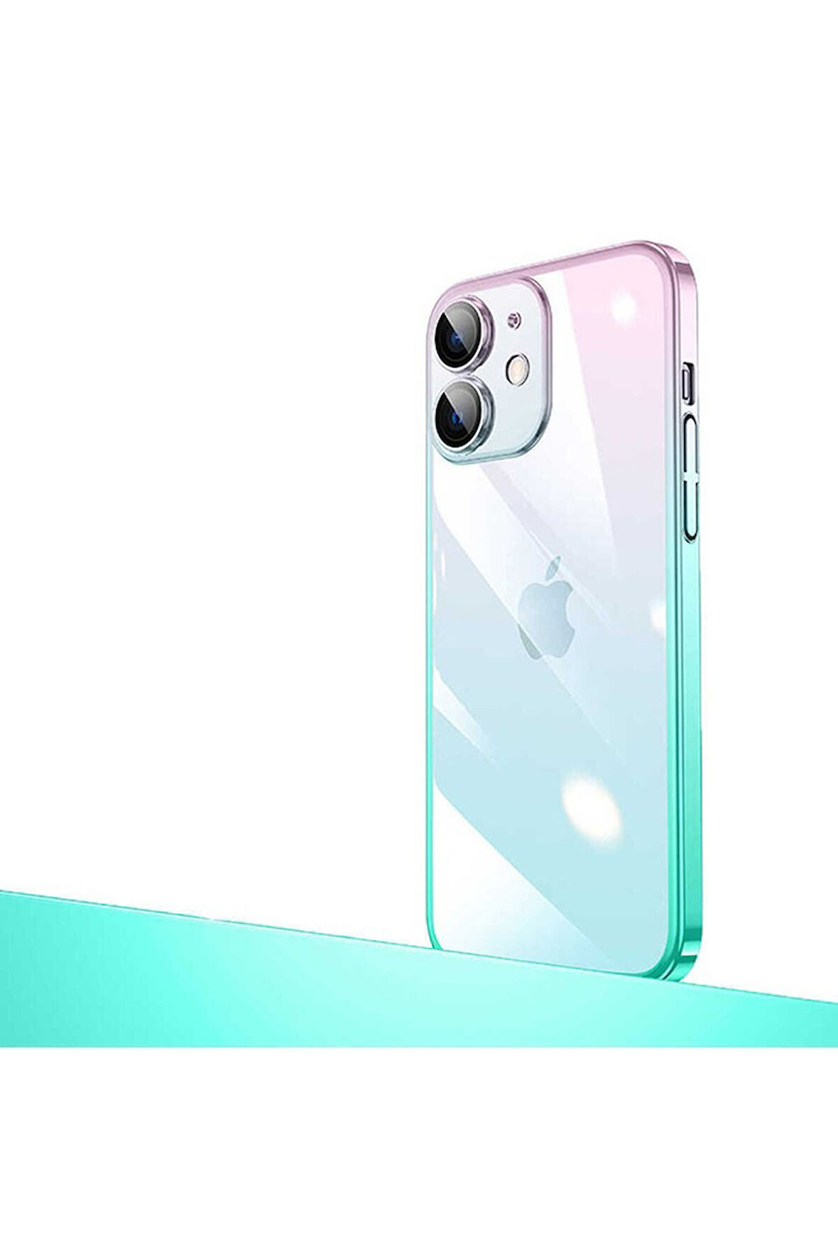 Apple iPhone 12 Uyumlu Kılıf Parlak Renk Geçişli Kamera Korumalı Zore Senkron Kapak Pembe-Mavi