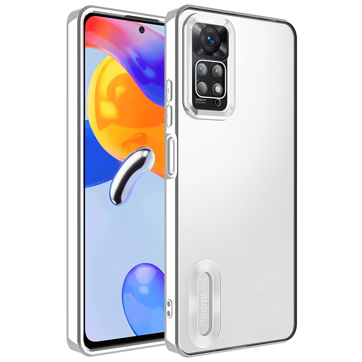 Xiaomi Redmi Note 11 Pro 5G Uyumlu Kılıf Kamera Korumalı Logo Gösteren Zore Omega Kapak Gümüş