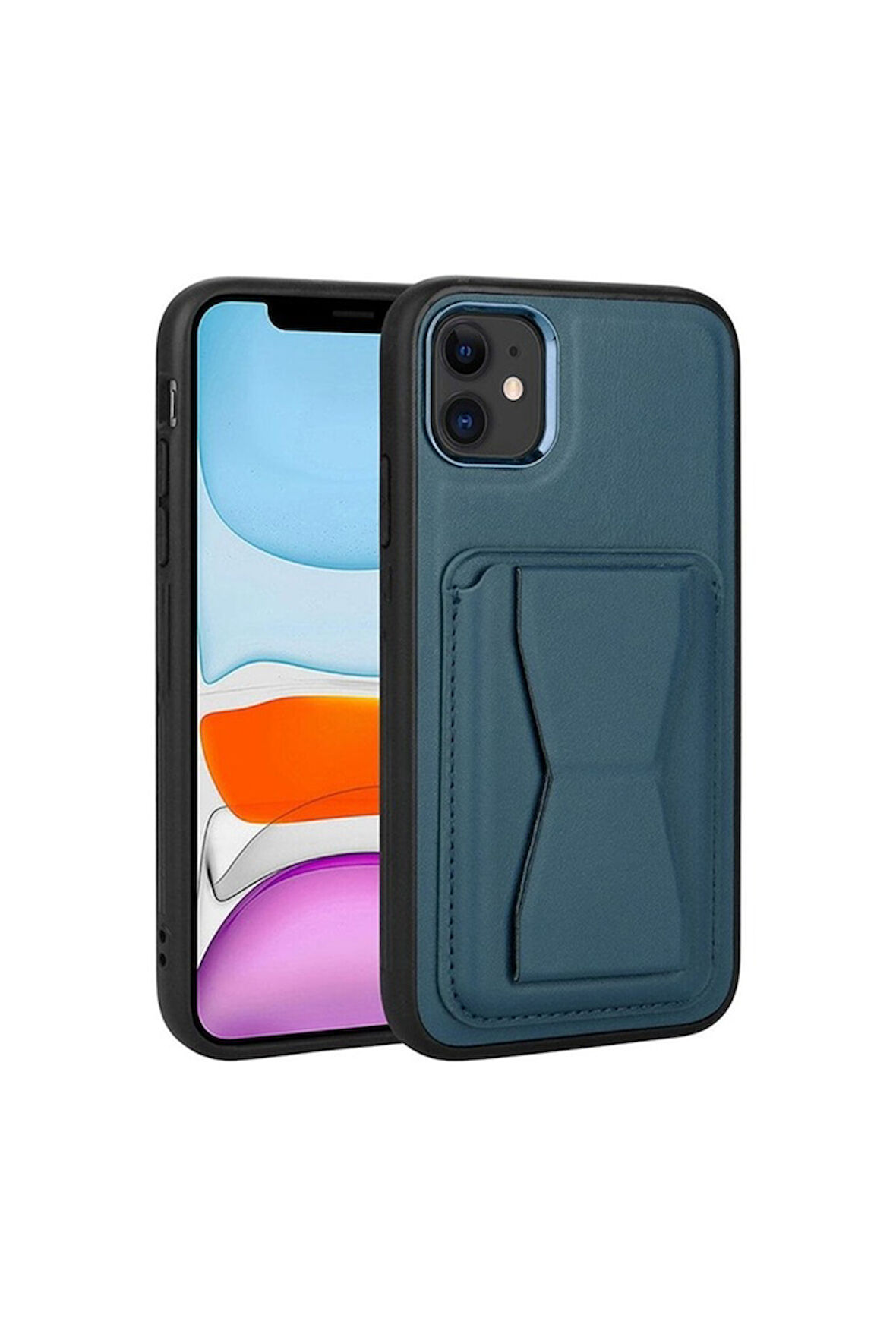 Apple iPhone 11 Uyumlu Kılıf Kartlıklı Standlı Pu Deri Zore Memo Kapak Lacivert