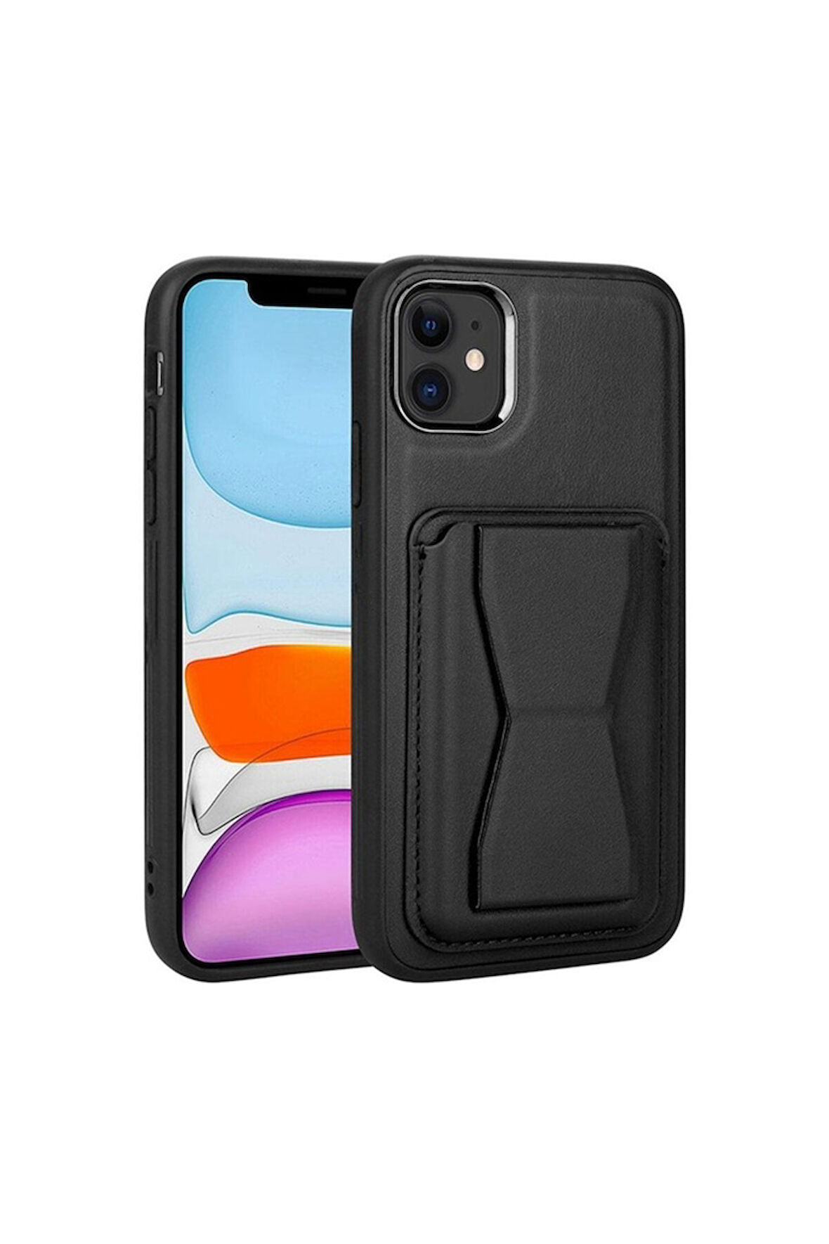 Apple iPhone 11 Uyumlu Kılıf Kartlıklı Standlı Pu Deri Zore Memo Kapak Siyah