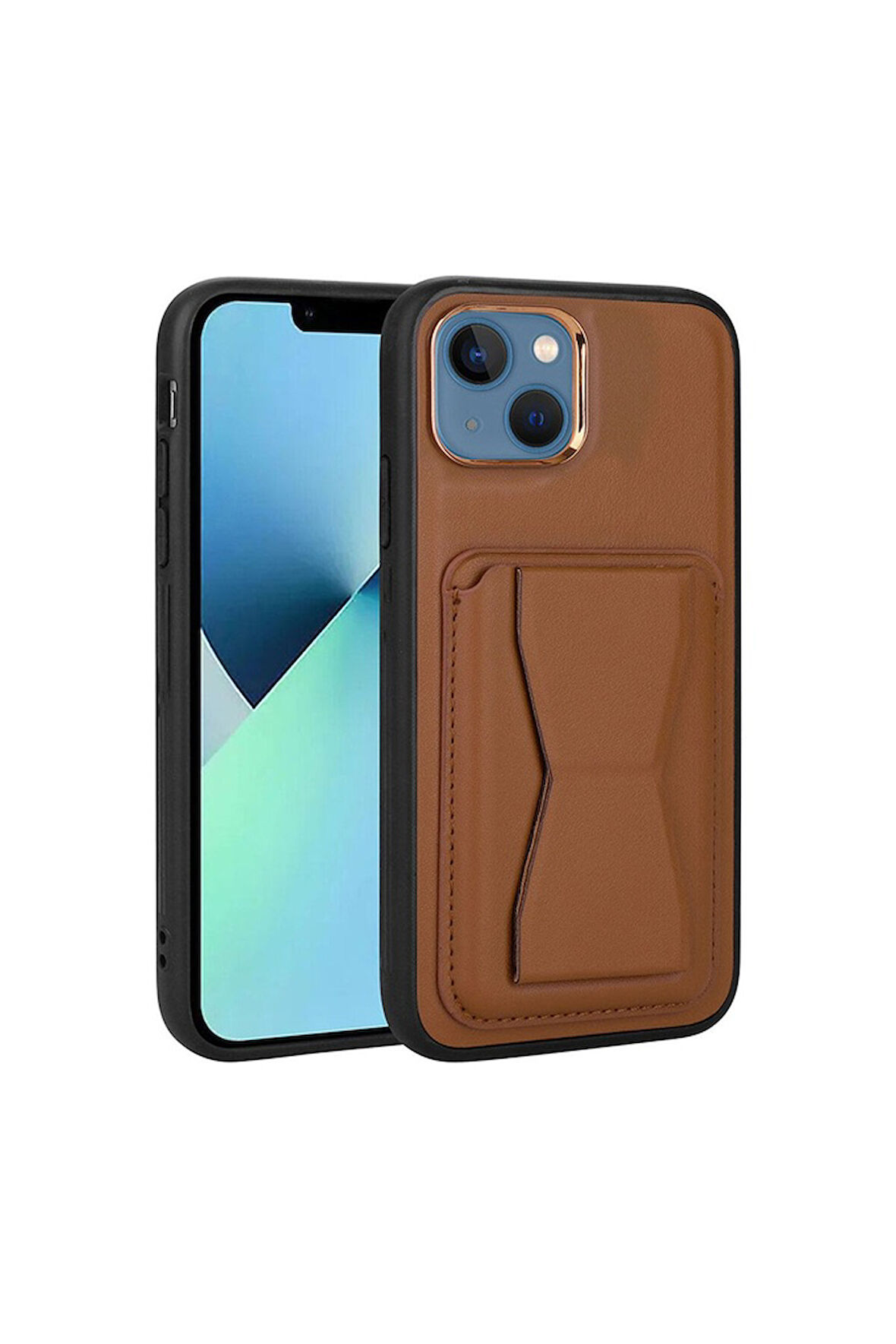 Apple iPhone 13 Uyumlu Kılıf Kartlıklı Standlı Pu Deri Zore Memo Kapak Kahverengi