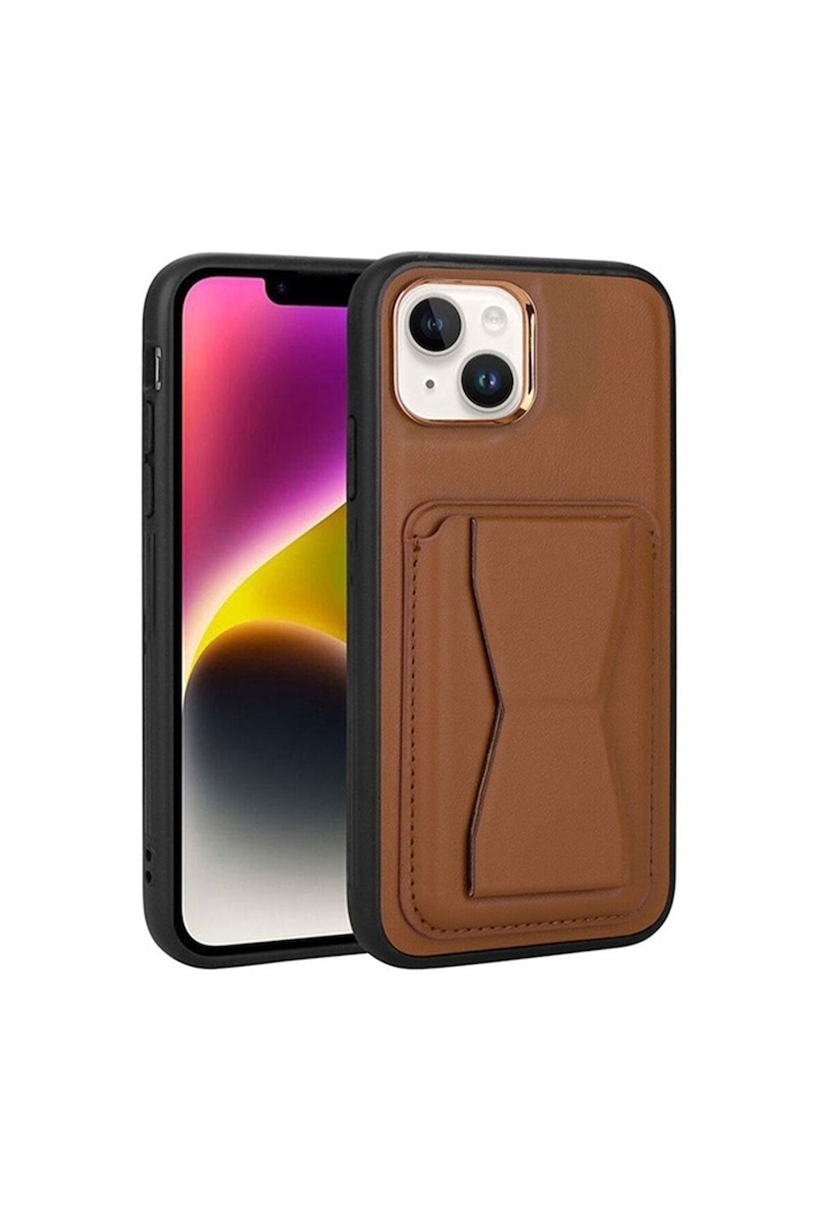 Apple iPhone 14 Plus Uyumlu Kılıf Kartlıklı Standlı Pu Deri Zore Memo Kapak Kahverengi