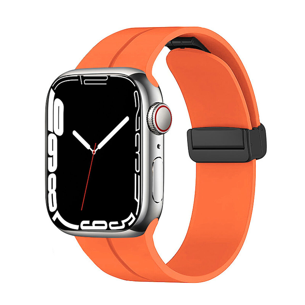 Apple Watch 7 45mm Uyumlu Kordon Silikon Metal Mıknatıslı Toka Zore KRD-84 Kayış Turuncu