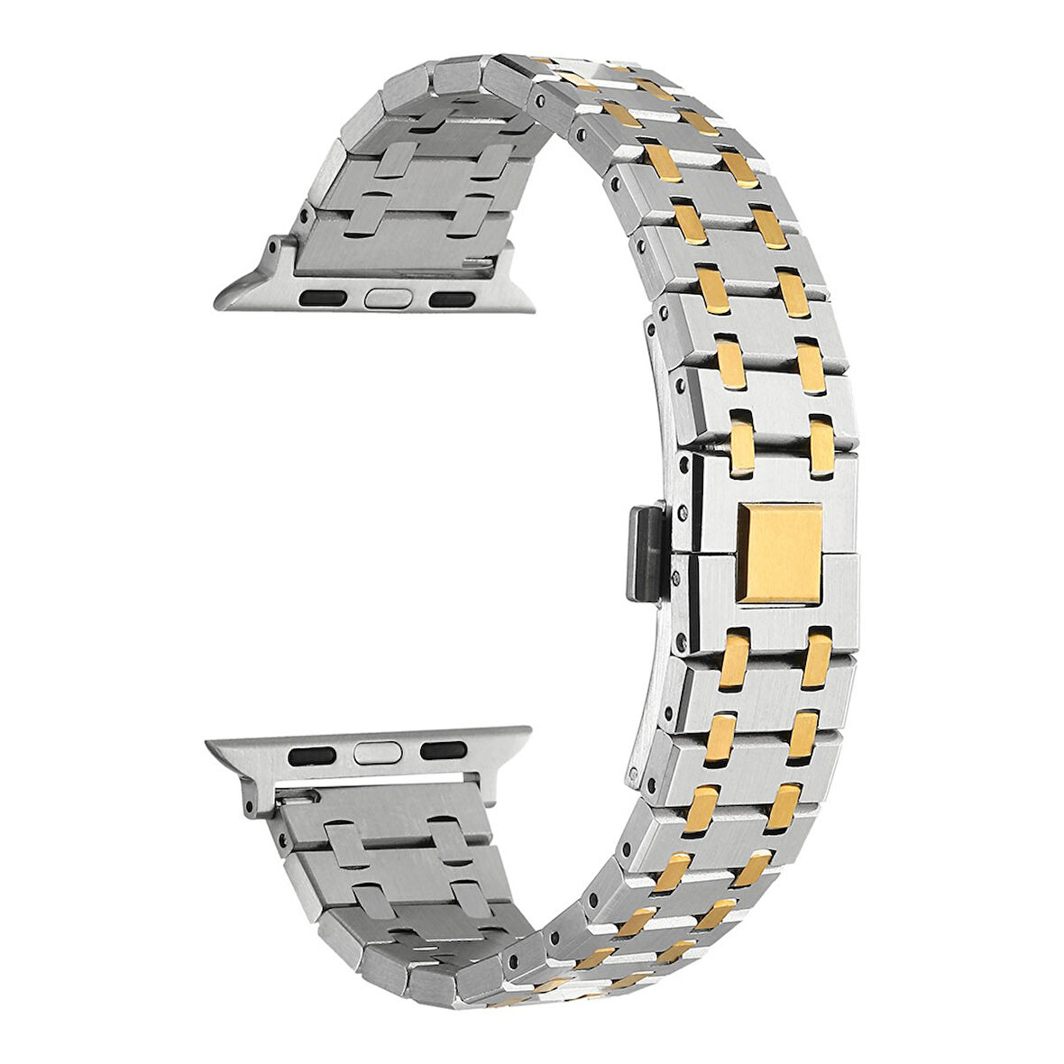 Apple Watch Ultra 49mm Uyumlu Kordon Paslanmaz Metal Çift Renkli Zore KRD-83 Kayış Gümüş-Gold