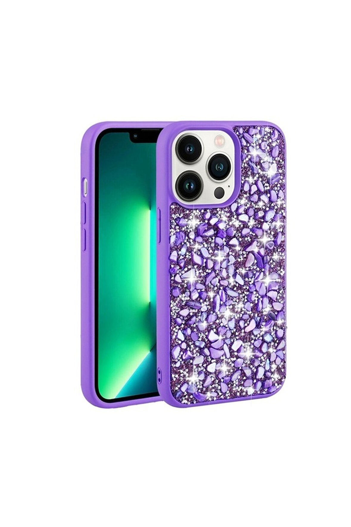 Apple iPhone 13 Pro Uyumlu Kılıf Parlak Taşlı Tasarım Zore Linea Kapak Mor