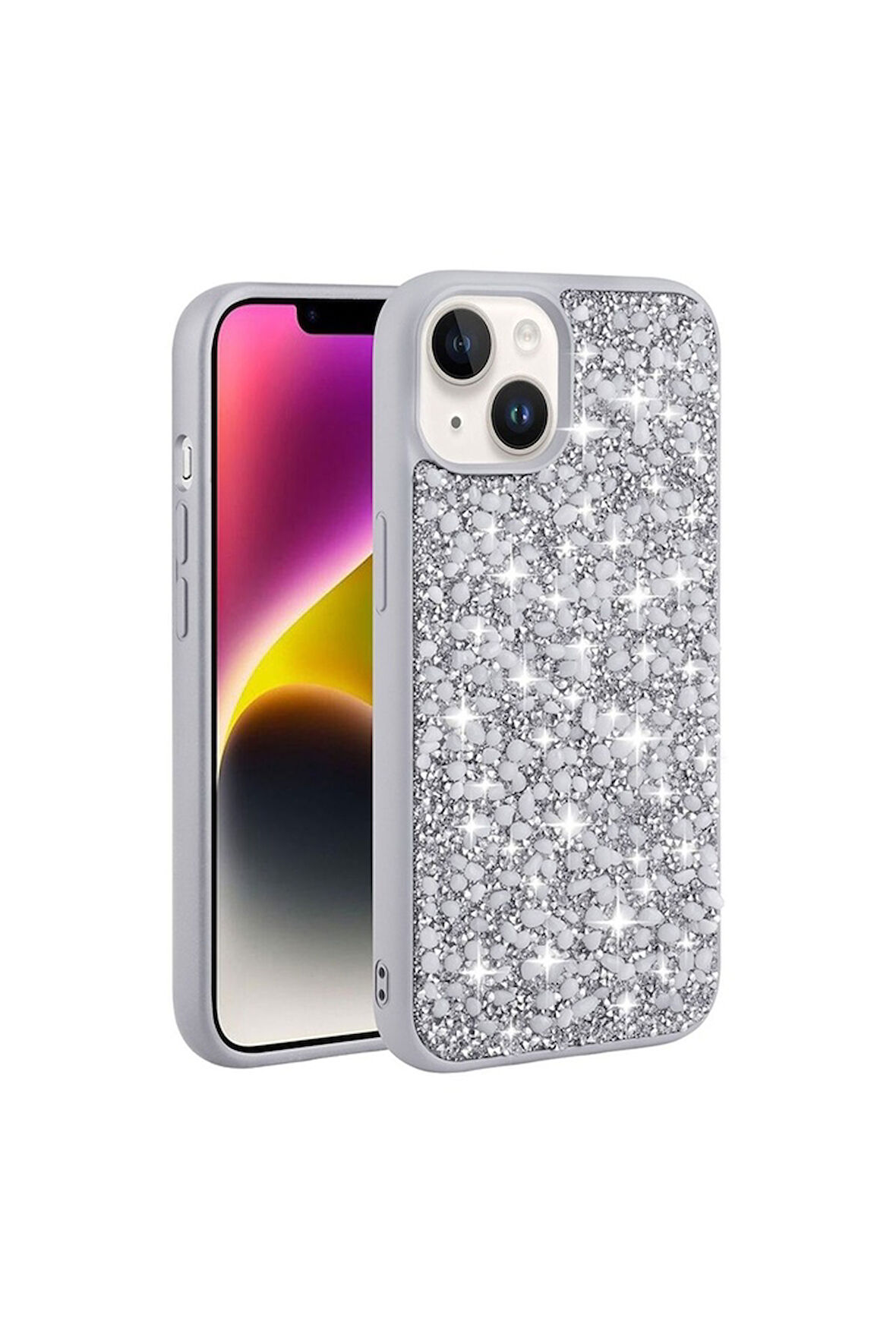 Apple iPhone 14 Plus Uyumlu Kılıf Parlak Taşlı Tasarım Zore Linea Kapak Gümüş