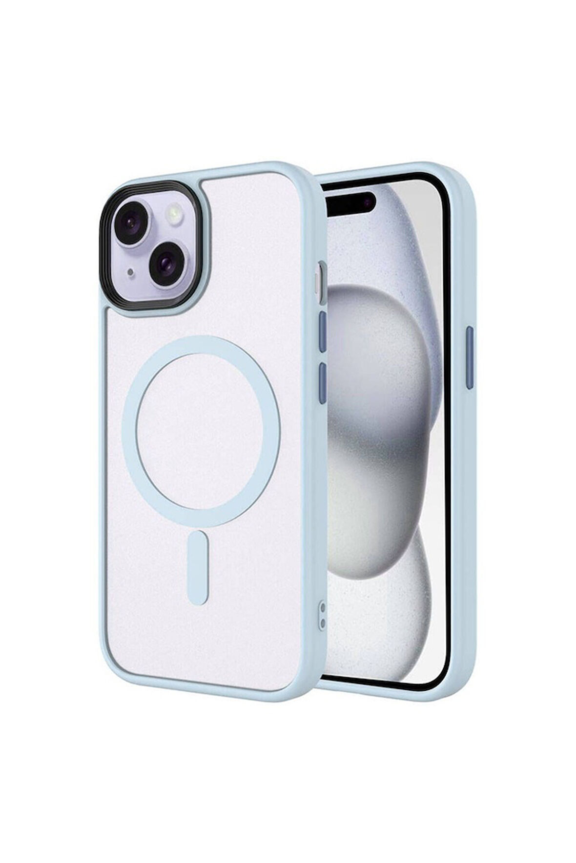 Apple iPhone 15 Uyumlu Kılıf Mat Arka Yüzey Wireless Şarj Özellikli Zore Flet Magsafe Kapak Mavi Açık