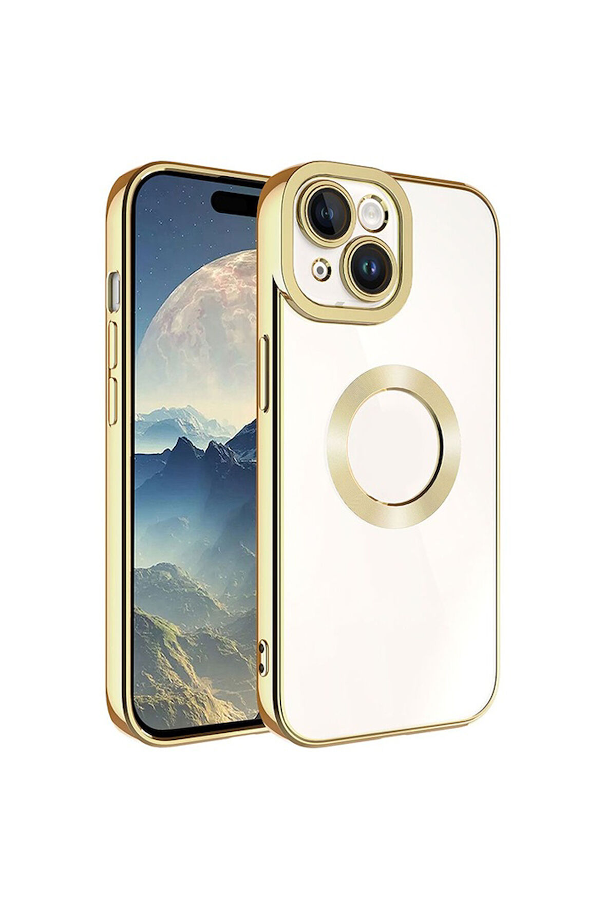 Apple iPhone 15 Uyumlu Kılıf Kamera Korumalı Logo Gösteren Zore Omega Kapak Gold