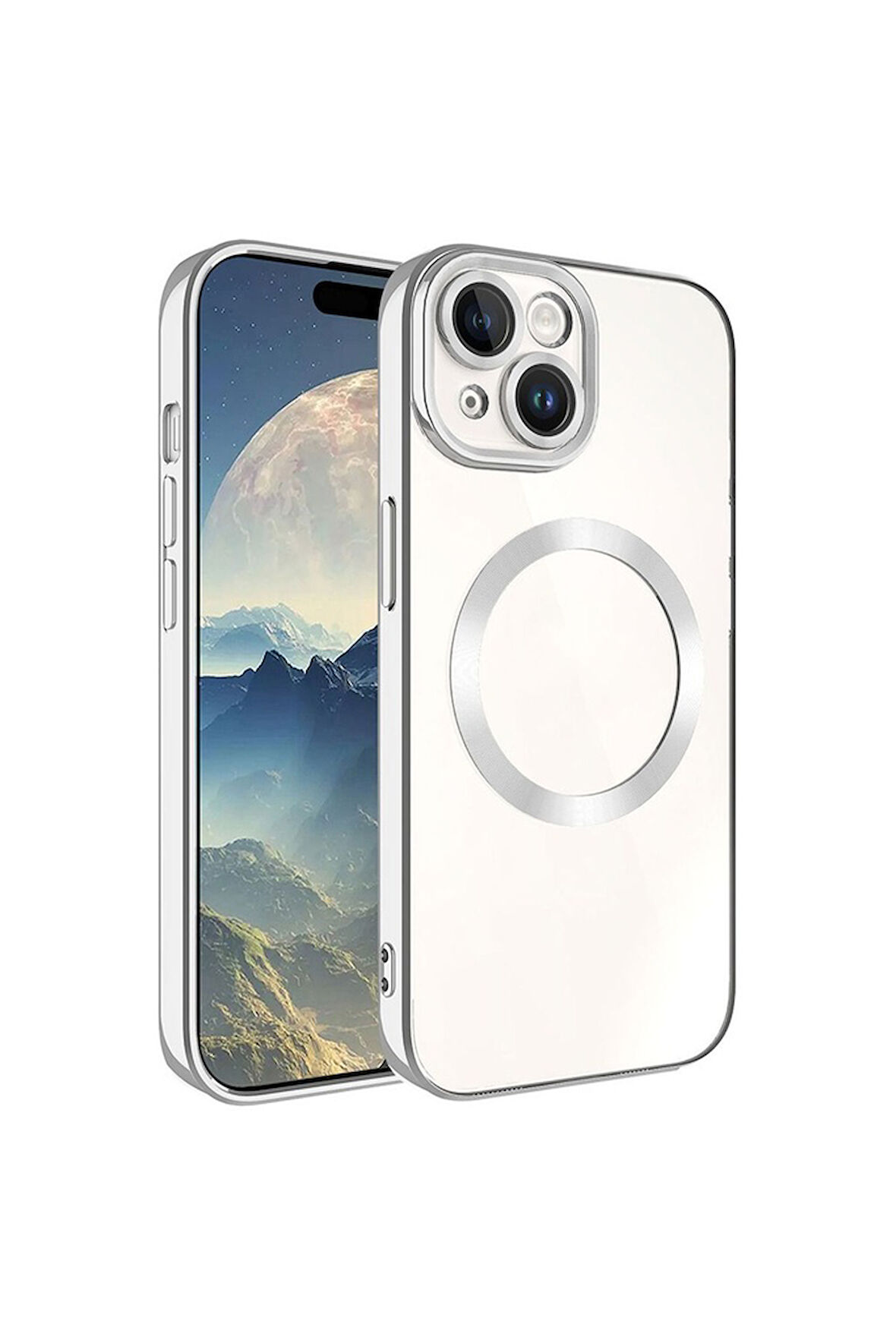 Apple iPhone 15 Plus Uyumlu Kılıf Magsafe Wireless Şarj Özellikli Zore Setro Silikon Gümüş
