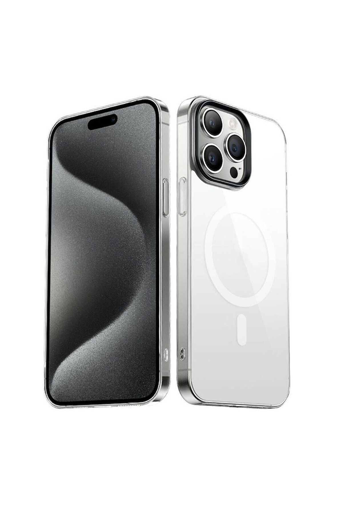 Apple iPhone 15 Pro Uyumlu Kılıf Zore Wireless Şarj Özellikli Şeffaf G-Glass Kapak Titanyum