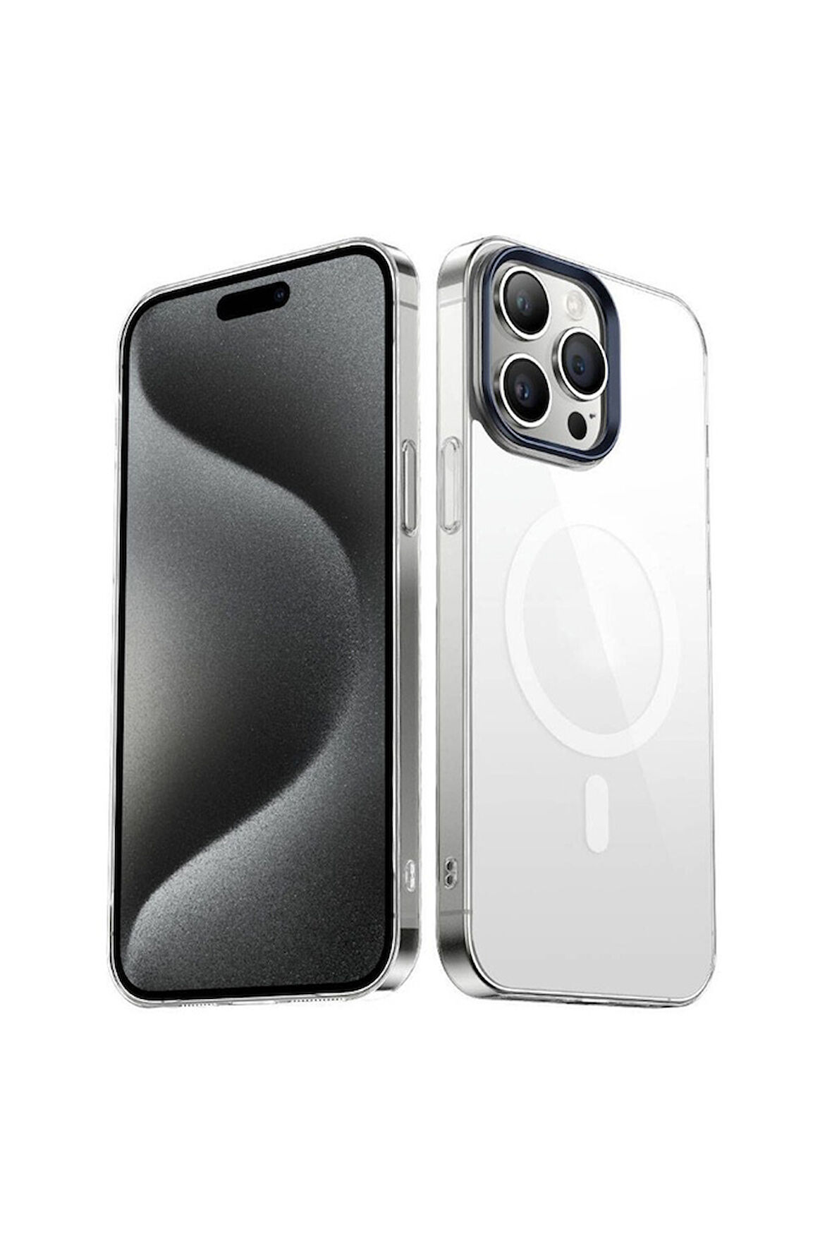 Apple iPhone 15 Pro Max Uyumlu Kılıf Zore Wireless Şarj Özellikli Şeffaf G-Glass Kapak Gümüş