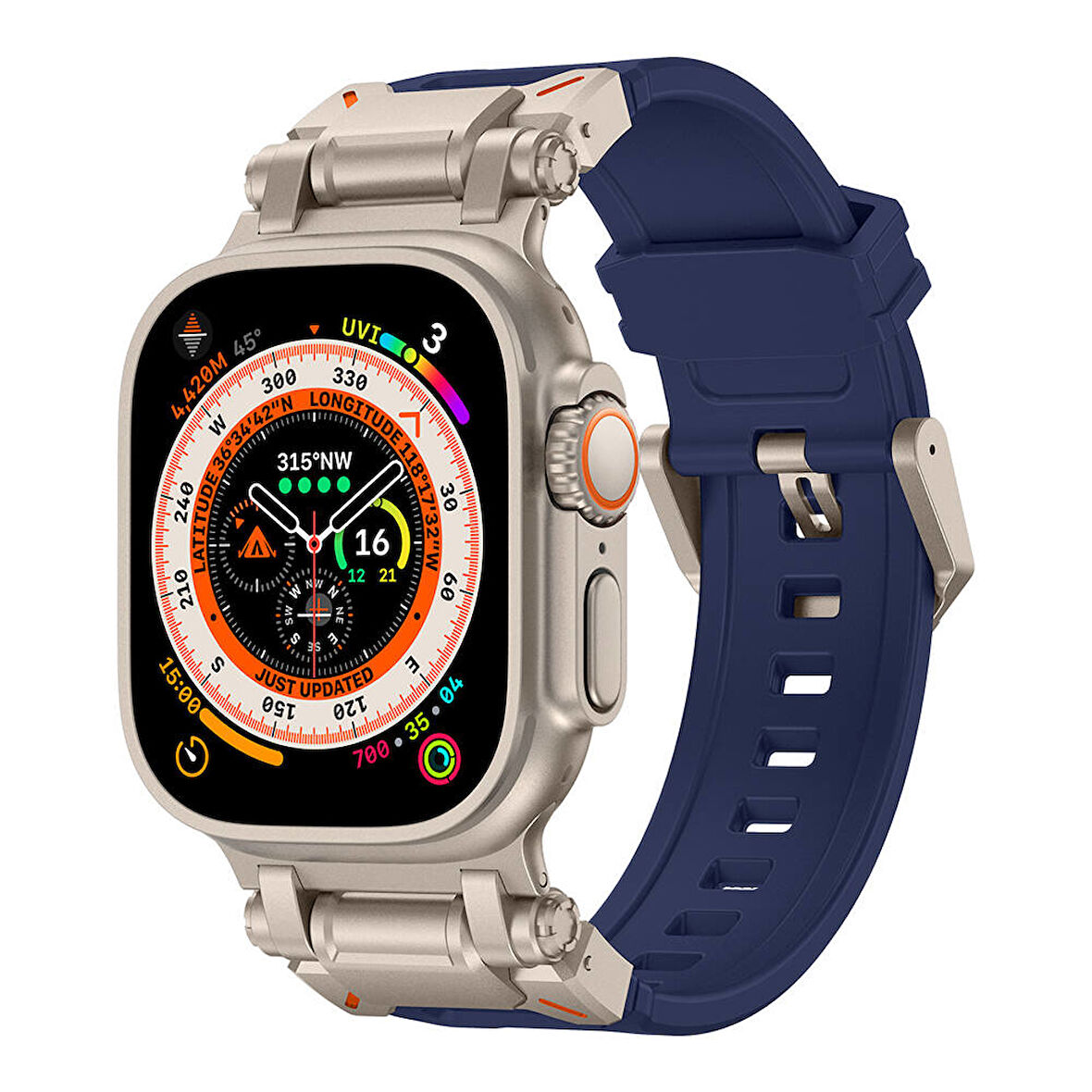 Apple Watch Ultra 49mm Uyumlu Zore KRD-101 Titanyum Metal Başlıklı Silikon Kordon Mavi-Titanyum