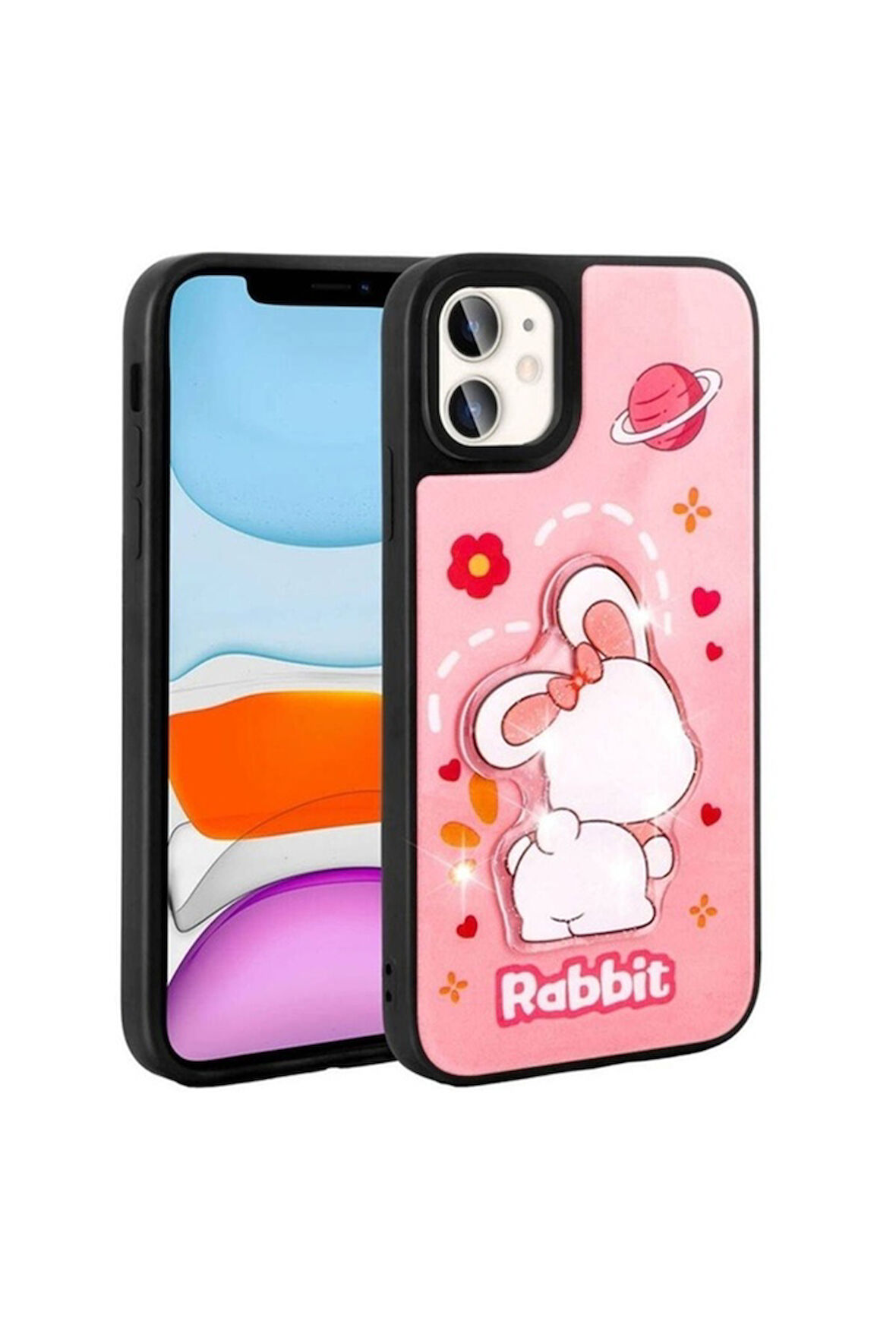 Apple iPhone 11 Uyumlu Kılıf Parlayan Kabartmalı İkonik Figürlü Zore Amas Silikon Kapak Pembe