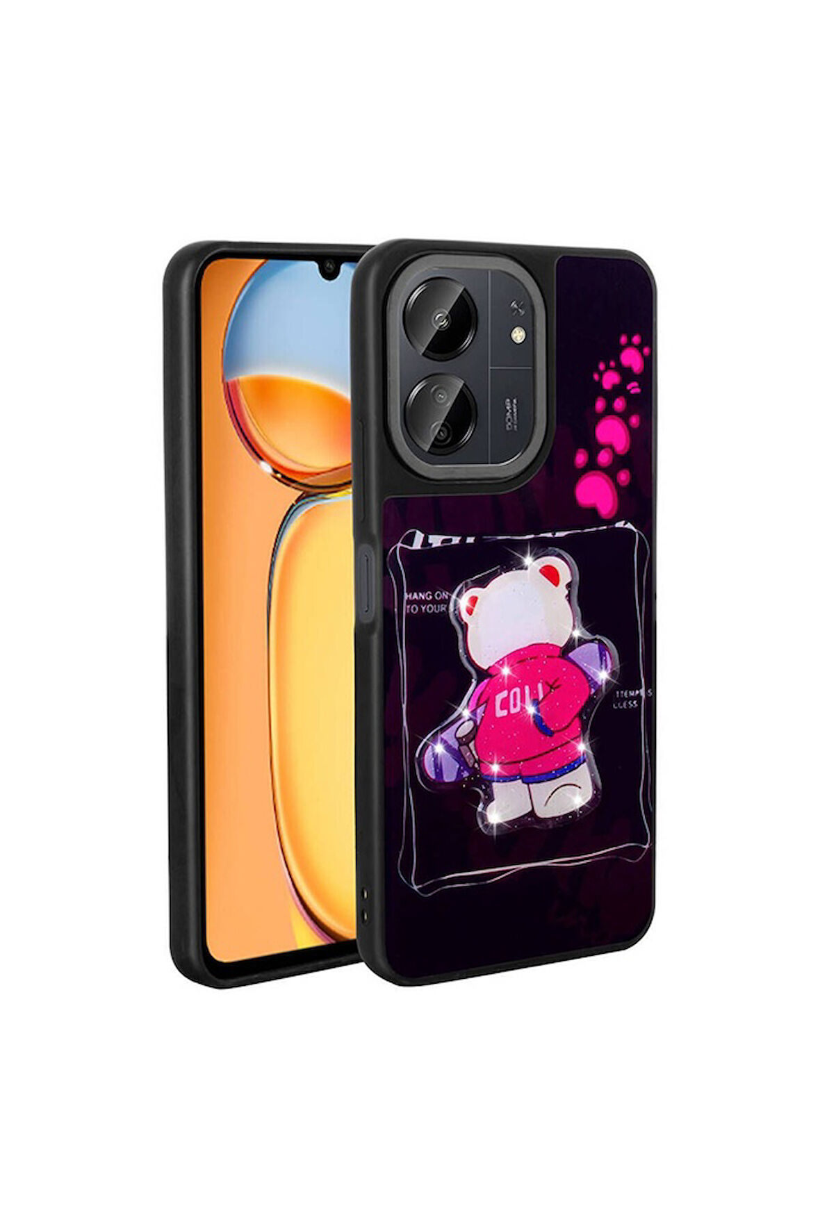 Xiaomi Redmi 13C Uyumlu Kılıf Parlayan Kabartmalı İkonik Figürlü Zore Amas Silikon Kapak Siyah