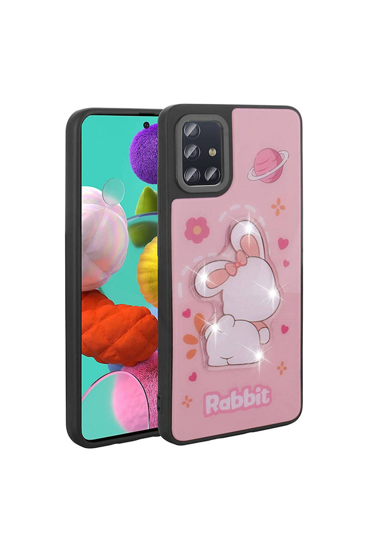 Samsung Galaxy A51 Uyumlu Kılıf Parlayan Kabartmalı İkonik Figürlü Zore Amas Silikon Kapak Pembe