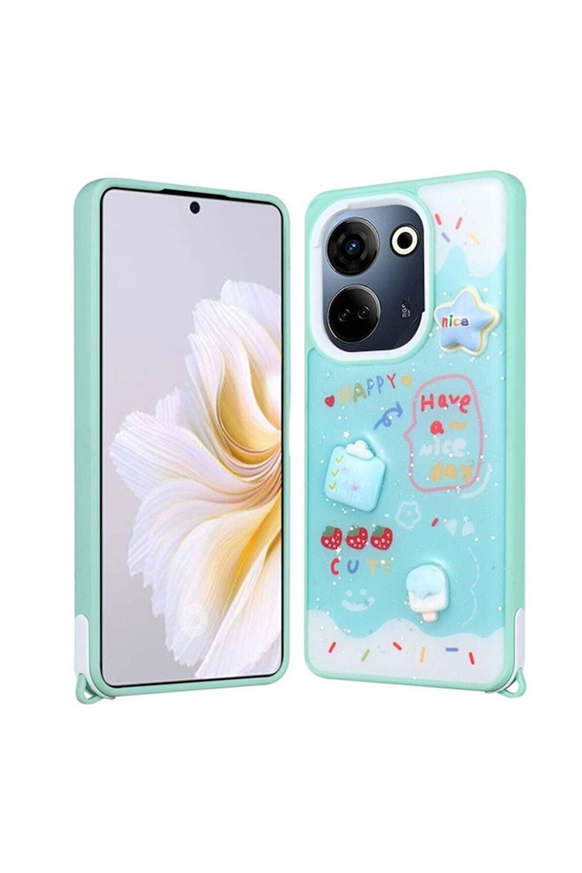 Tecno Camon 20 Uyumlu Kılıf Parlayan Simli Kabartma Figürlü Zore Cevze Kapak Yeşil