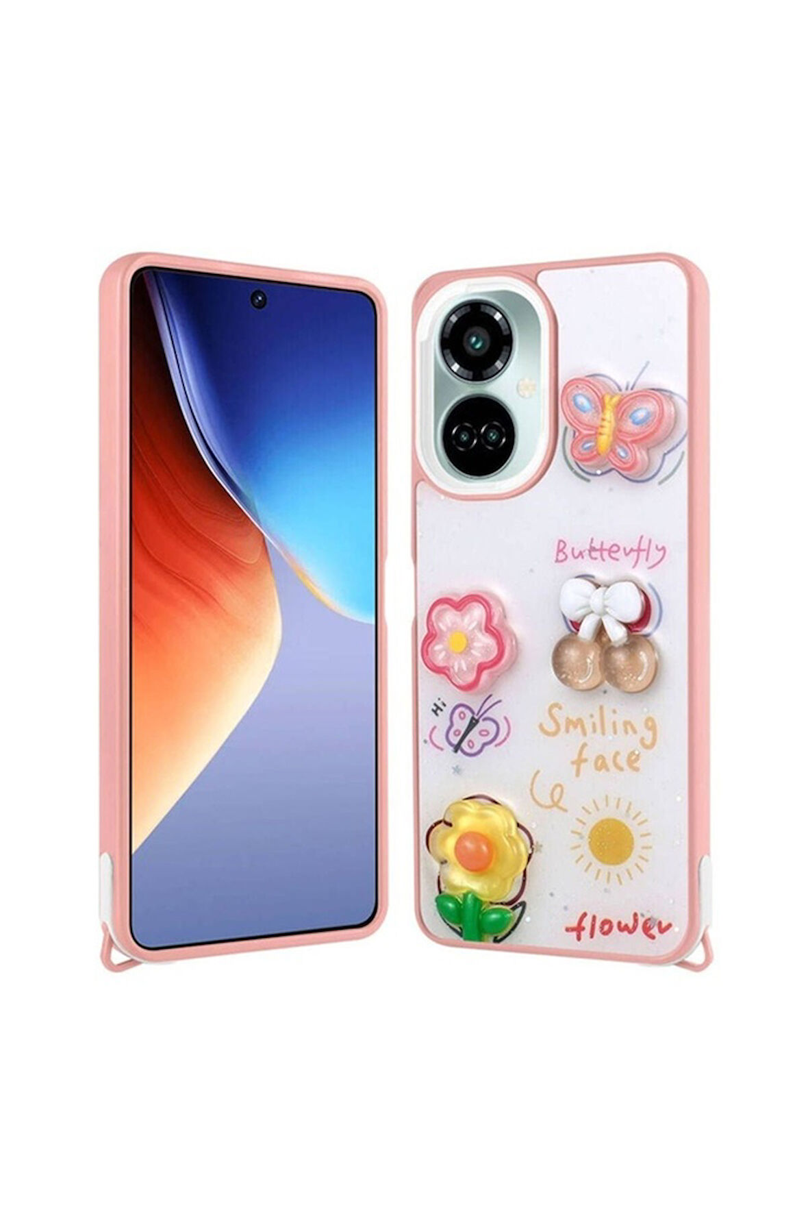 Tecno Camon 19 Pro Uyumlu Kılıf Parlayan Simli Kabartma Figürlü Zore Cevze Kapak Pembe