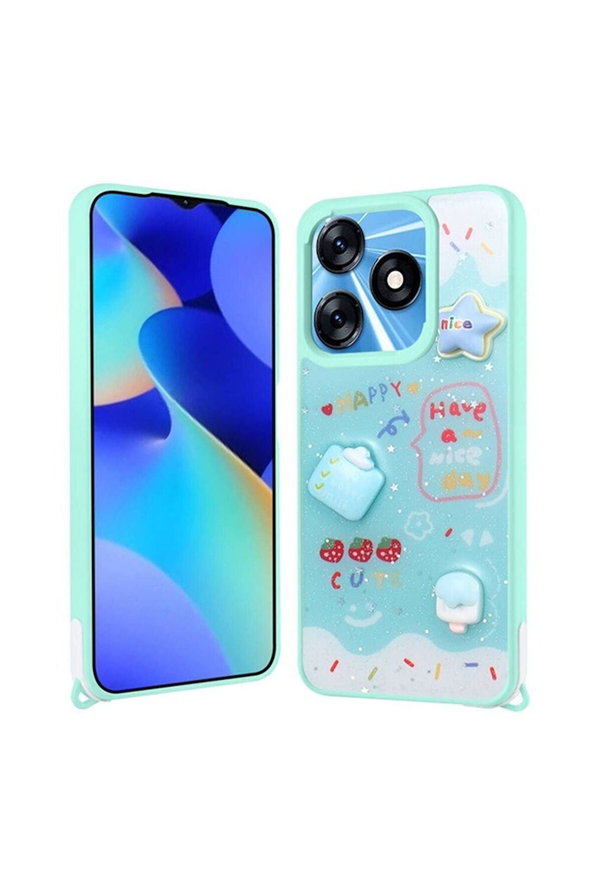 Tecno Spark 10 4G Uyumlu Kılıf Parlayan Simli Kabartma Figürlü Zore Cevze Kapak Yeşil