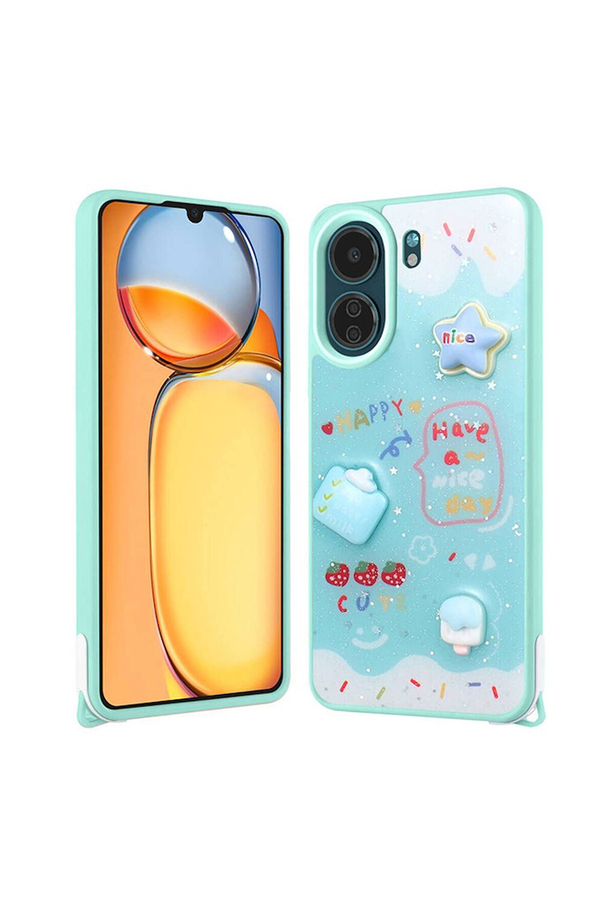 Xiaomi Redmi 13C Uyumlu Kılıf Parlayan Simli Kabartma Figürlü Zore Cevze Kapak Yeşil