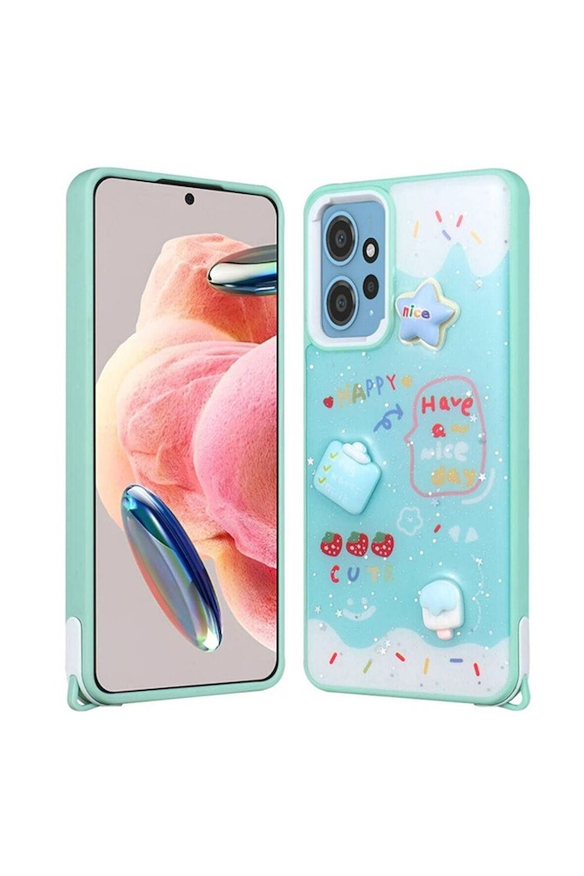 Xiaomi Redmi Note 12 4G Uyumlu Kılıf Parlayan Simli Kabartma Figürlü Zore Cevze Kapak Yeşil