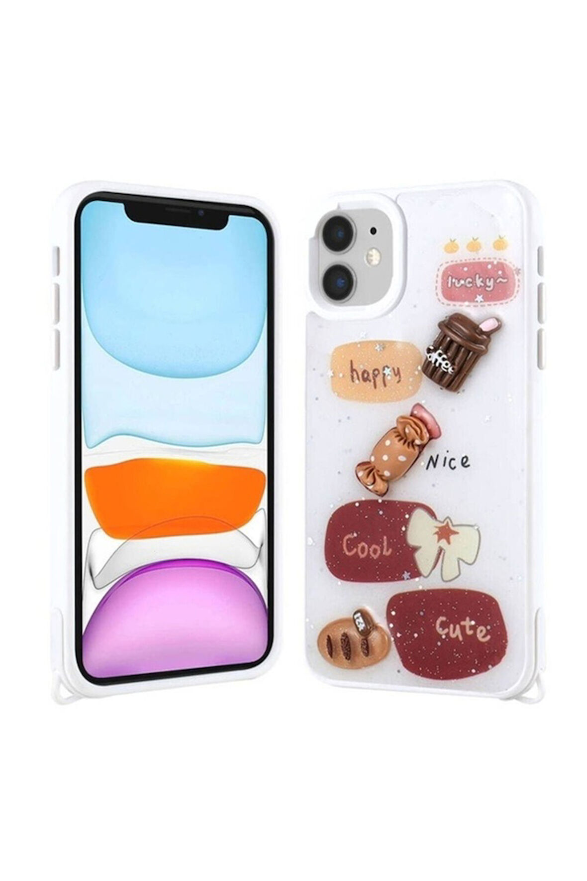 Apple iPhone 11 Uyumlu Kılıf Parlayan Simli Kabartma Figürlü Zore Cevze Kapak Beyaz