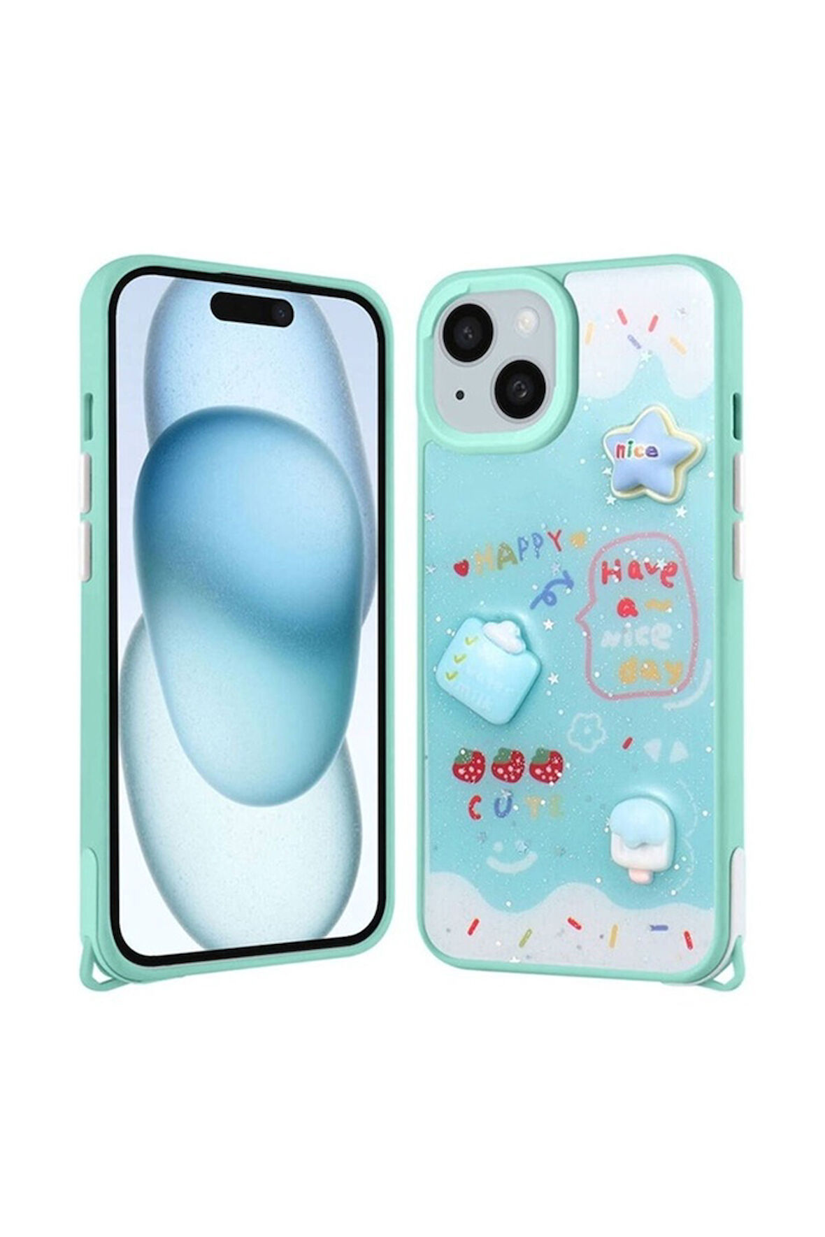 Apple iPhone 15 Plus Uyumlu Kılıf Parlayan Simli Kabartma Figürlü Zore Cevze Kapak Yeşil