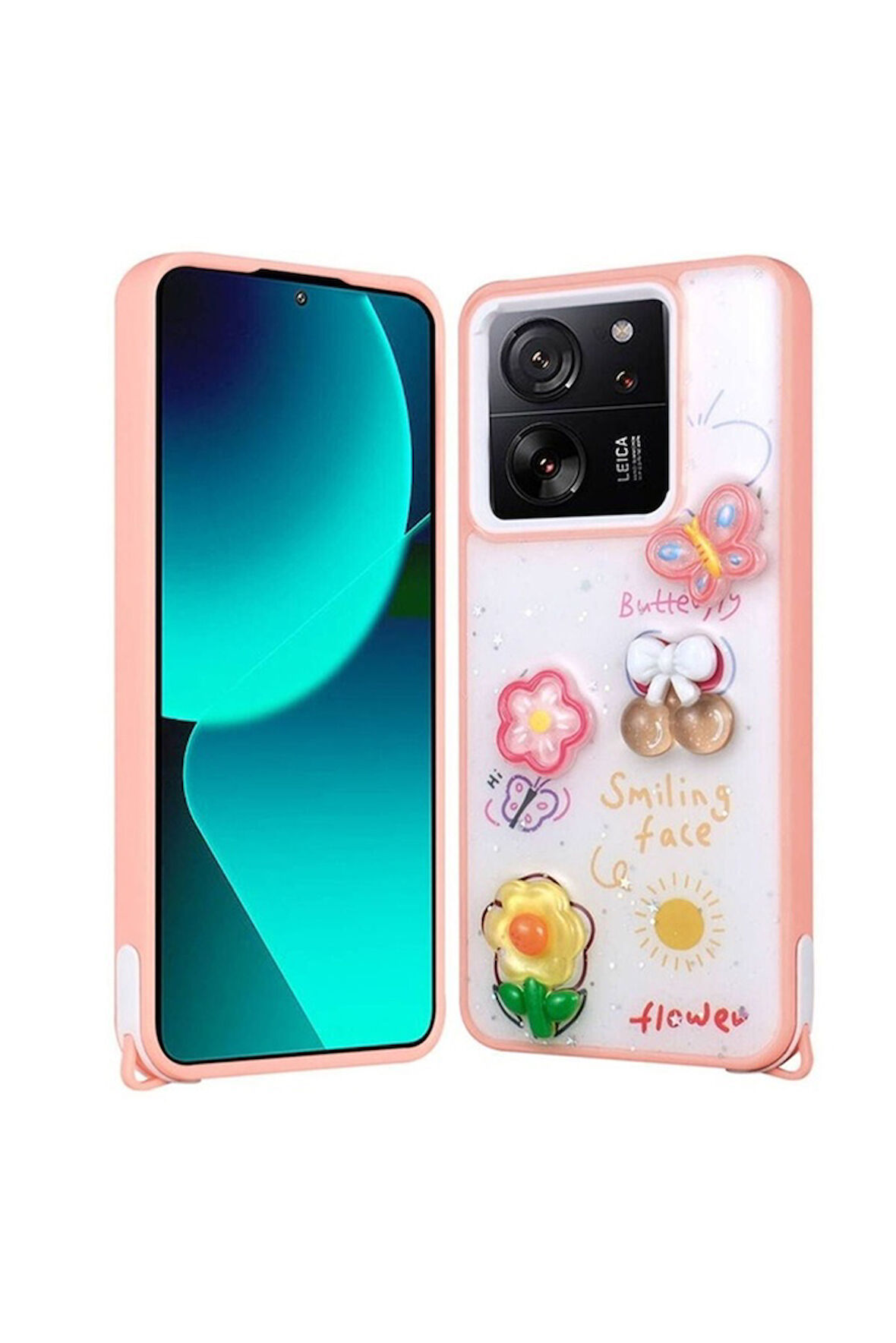 Xiaomi Mi 13T Pro Uyumlu Kılıf Parlayan Simli Kabartma Figürlü Zore Cevze Kapak Pembe