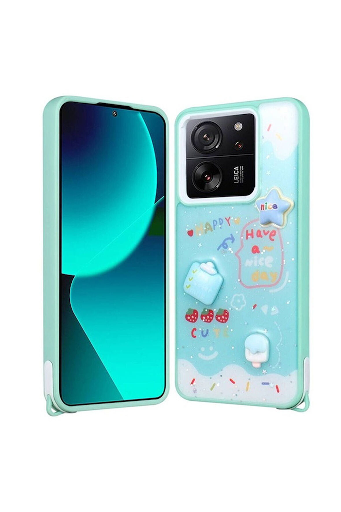 Xiaomi Mi 13T Pro Uyumlu Kılıf Parlayan Simli Kabartma Figürlü Zore Cevze Kapak Yeşil
